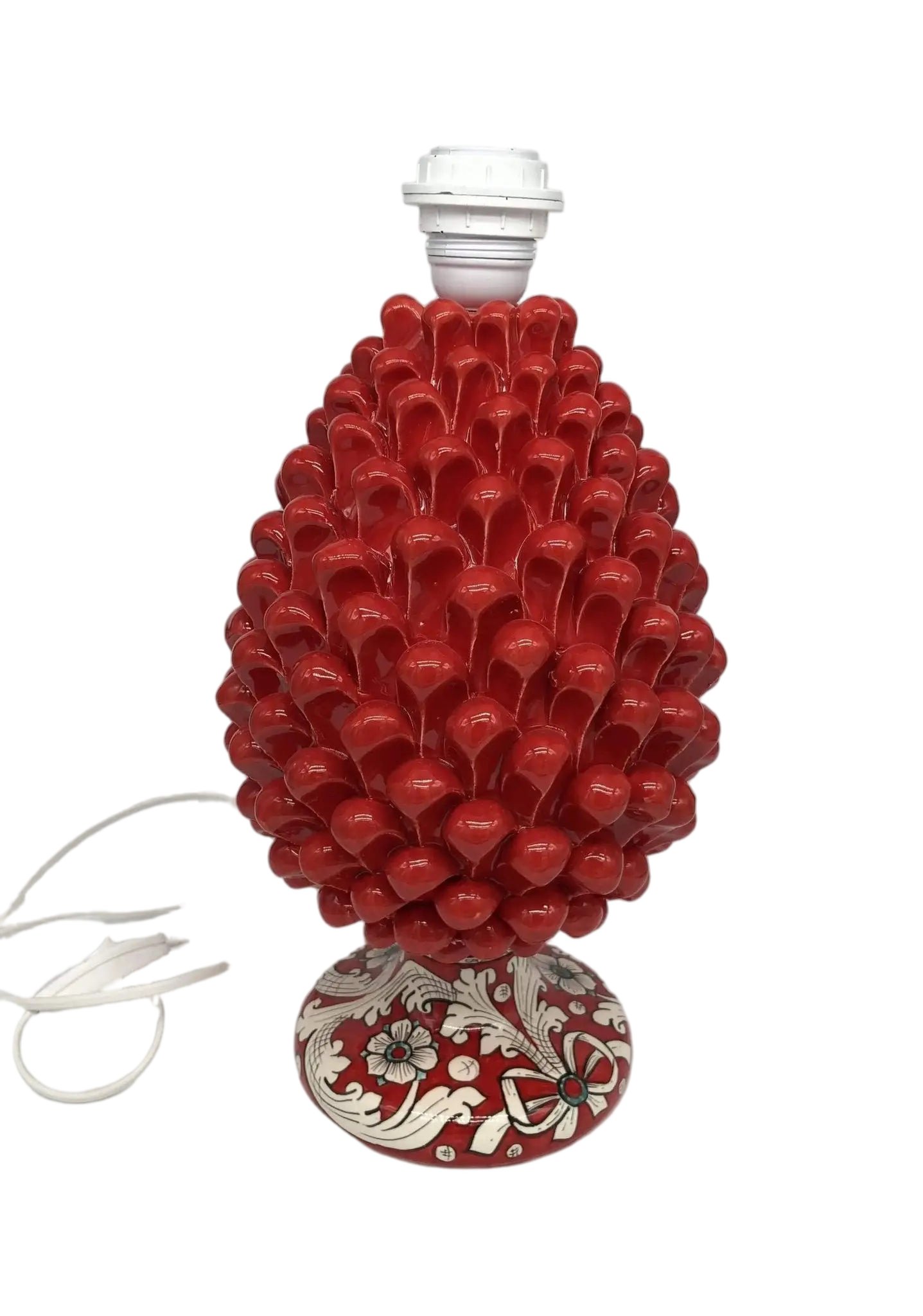 Lampada Pigna Ceramica Caltagirone cm H.30 Artigianale Rosso Base Decorata - DD CERAMICHE SICILIANE