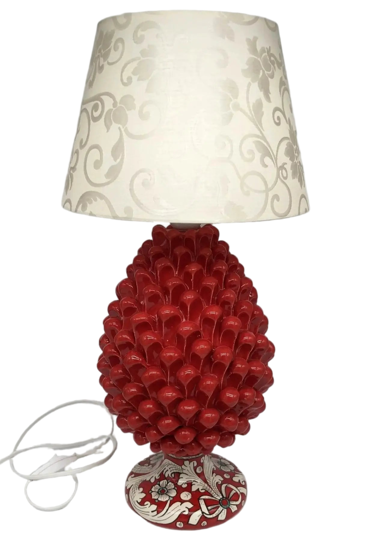 Lampada Pigna Ceramica Caltagirone cm H.30 Artigianale Rosso Base Decorata DD CERAMICHE SICILIANE