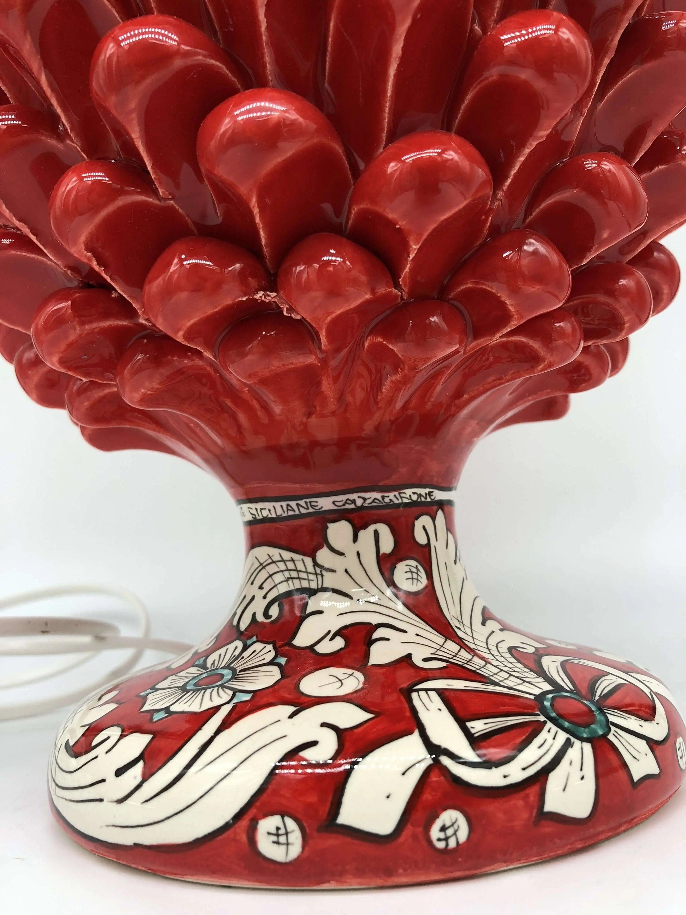 Lampada Pigna Ceramica Caltagirone cm H.30 Artigianale Rosso Base Decorata DD CERAMICHE SICILIANE