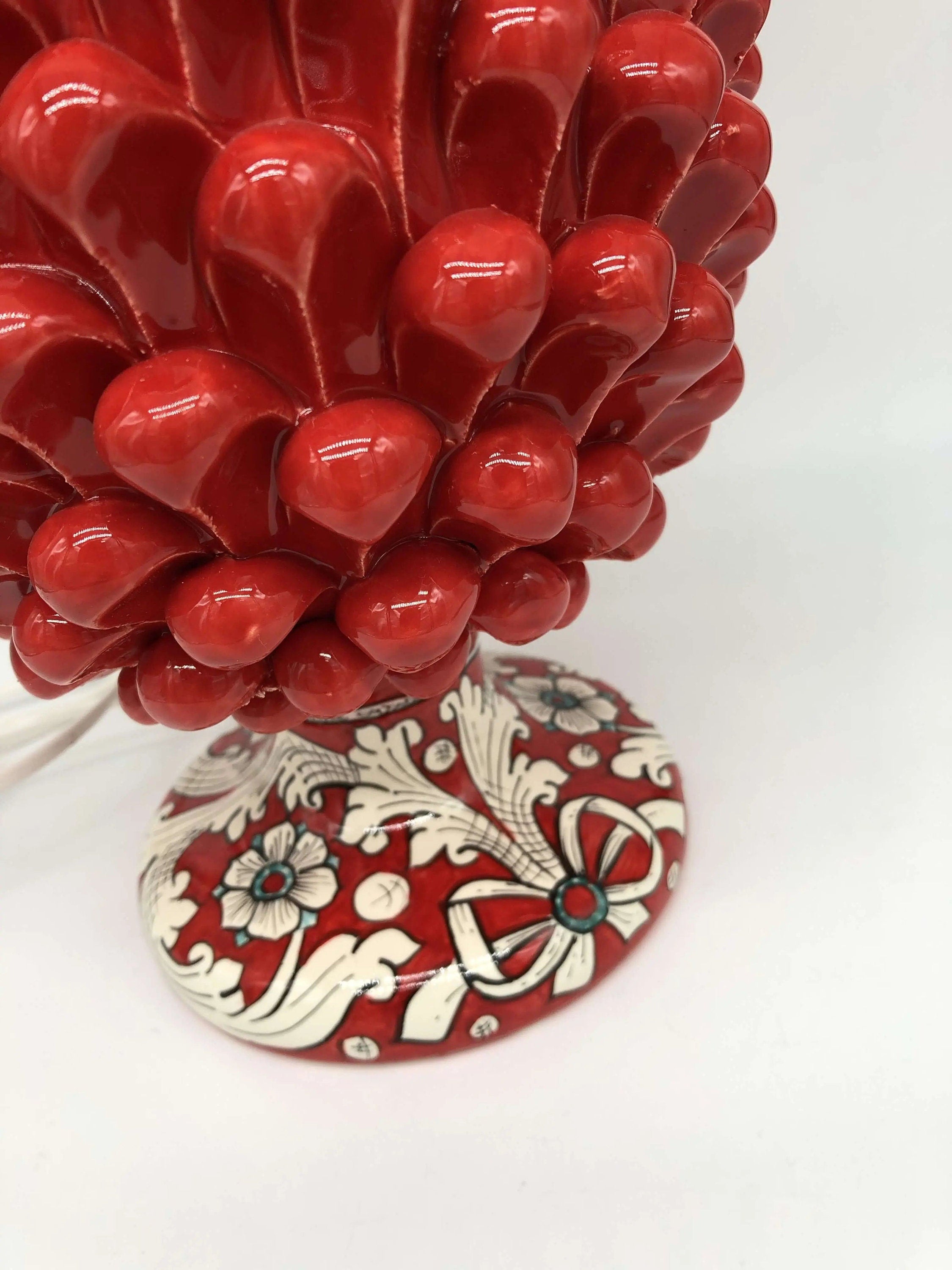 Lampada Pigna Ceramica Caltagirone cm H.30 Artigianale Rosso Base Decorata DD CERAMICHE SICILIANE