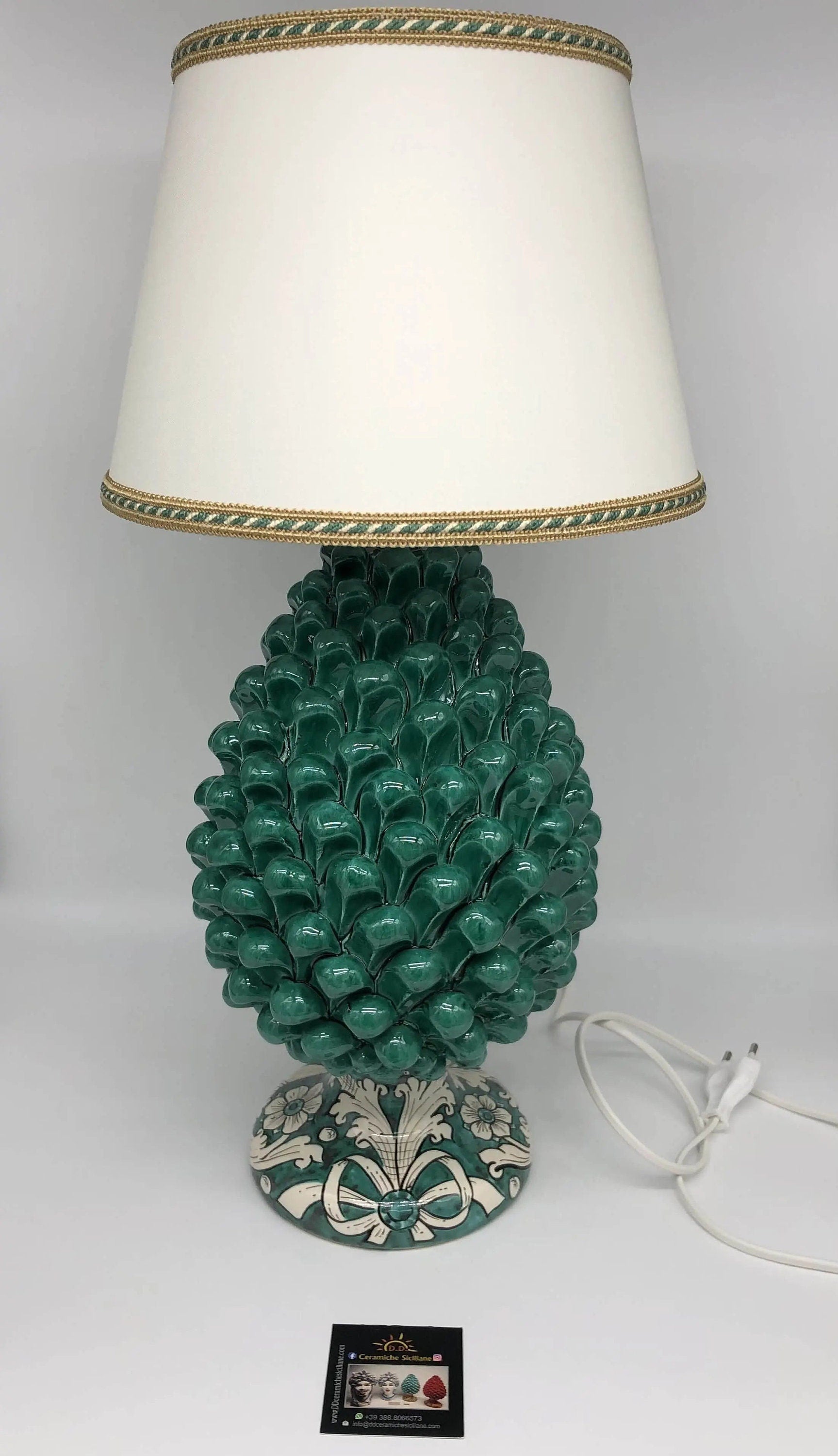 Lampada Pigna Ceramica Caltagirone cm H.30 Artigianale Verde Cristallo Base Decorata DD CERAMICHE SICILIANE
