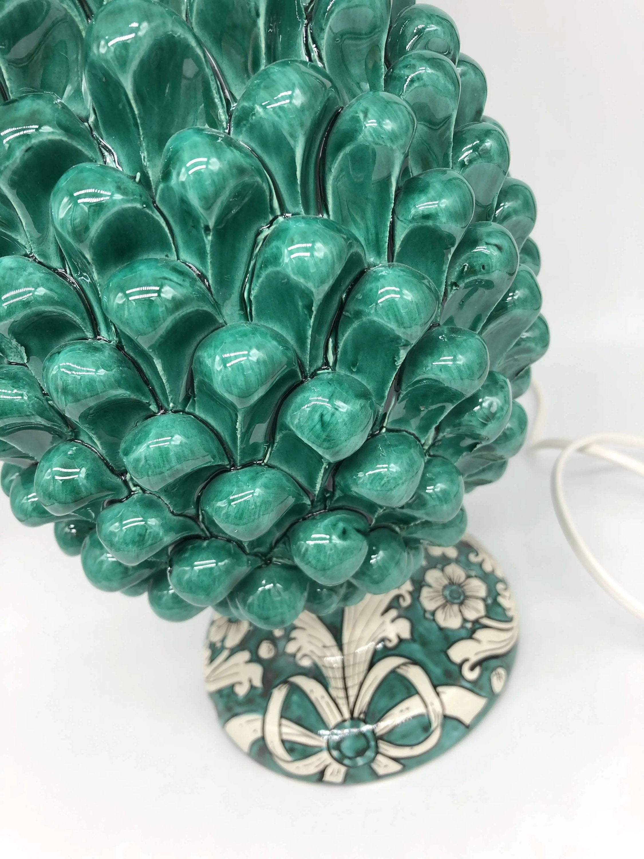 Lampada Pigna Ceramica Caltagirone cm H.30 Artigianale Verde Cristallo Base Decorata DD CERAMICHE SICILIANE