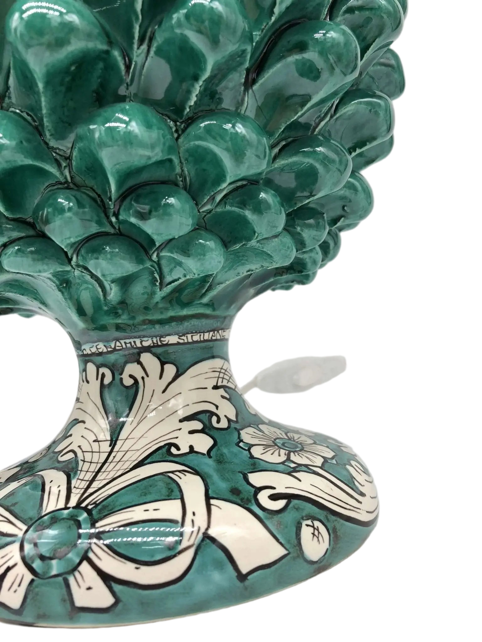 Lampada Pigna Ceramica Caltagirone cm H.30 Artigianale Verde Cristallo Base Decorata - DD CERAMICHE SICILIANE