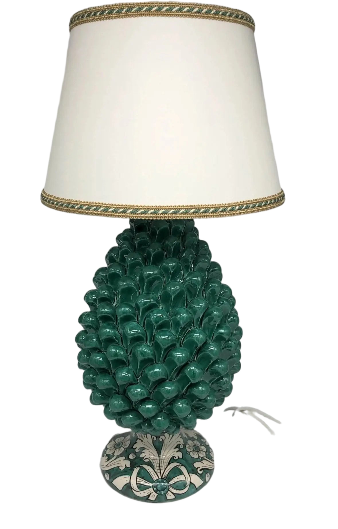 Lampada Pigna Ceramica Caltagirone cm H.30 Artigianale Verde Cristallo Base Decorata DD CERAMICHE SICILIANE