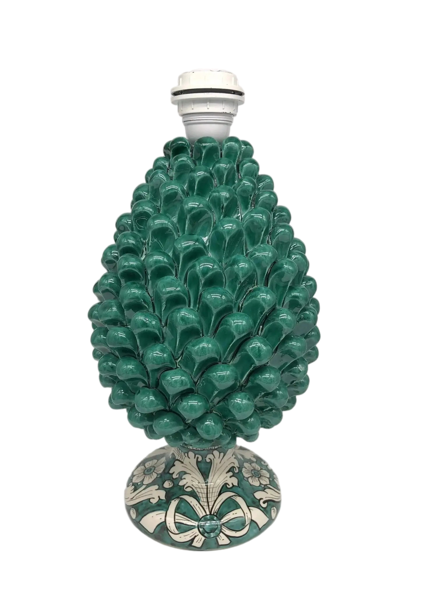 Lampada Pigna Ceramica Caltagirone cm H.30 Artigianale Verde Cristallo Base Decorata - DD CERAMICHE SICILIANE