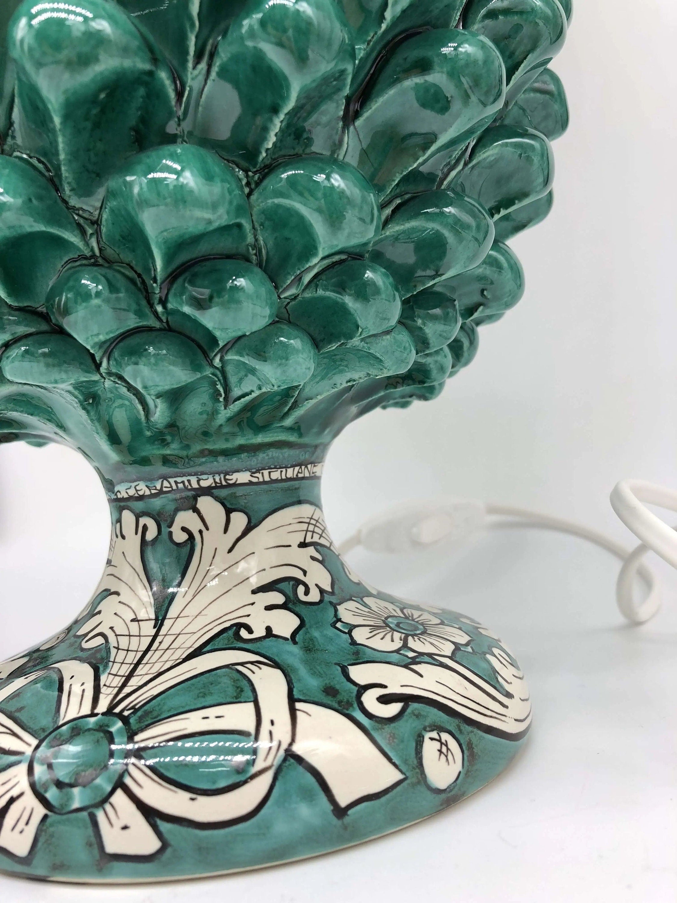 Lampada Pigna Ceramica Caltagirone cm H.30 Artigianale Verde Cristallo Base Decorata DD CERAMICHE SICILIANE