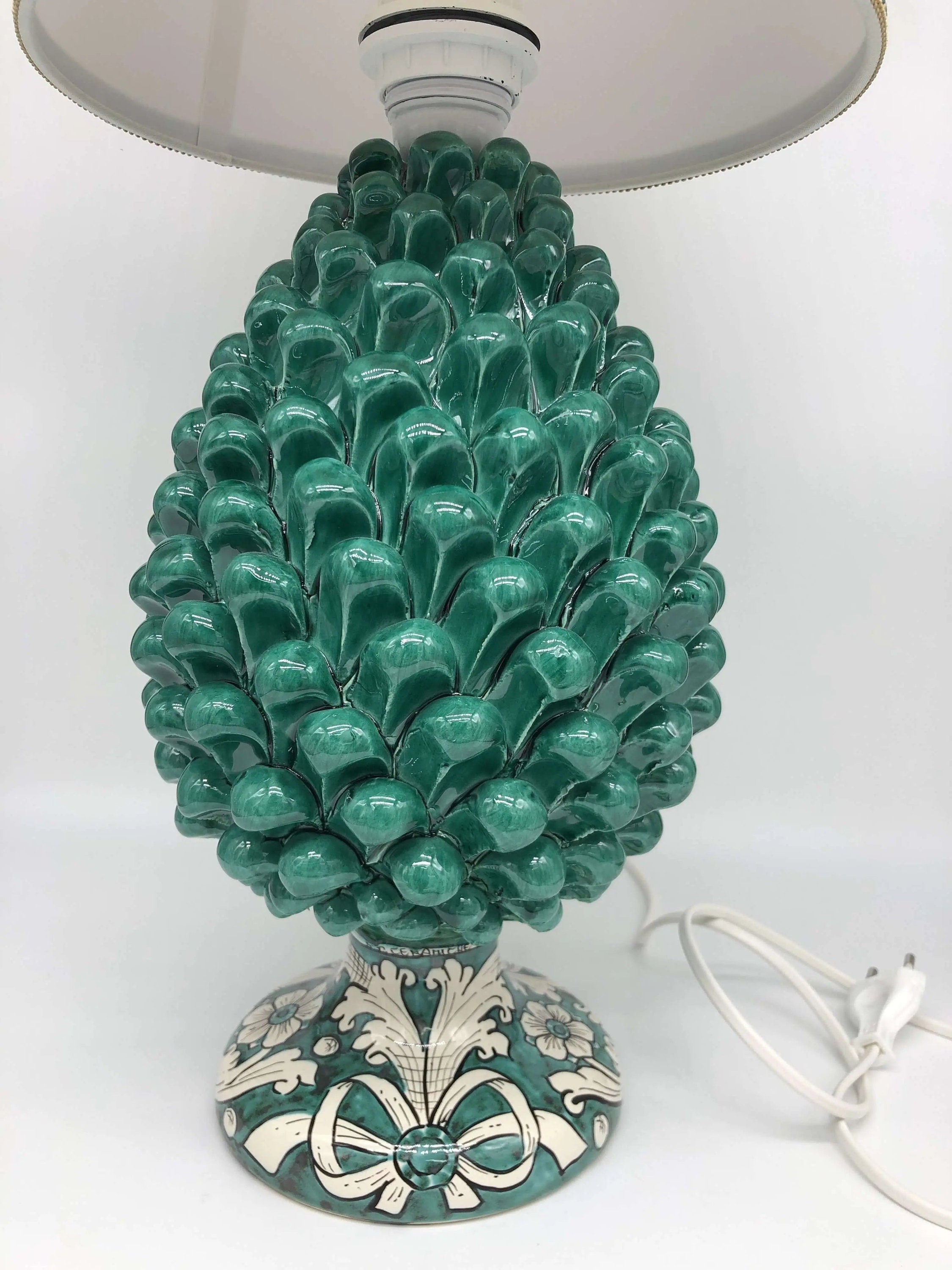 Lampada Pigna Ceramica Caltagirone cm H.30 Artigianale Verde Cristallo Base Decorata DD CERAMICHE SICILIANE