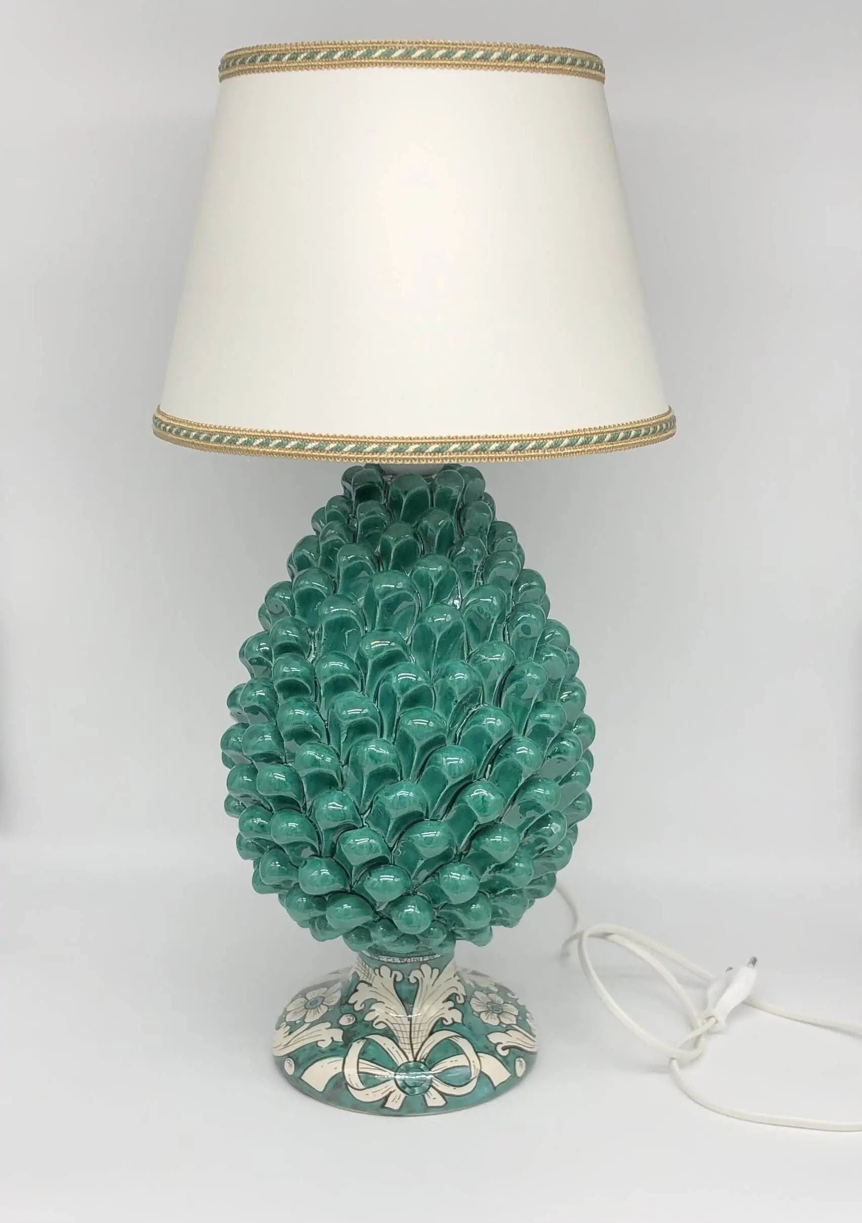 Lampada Pigna Ceramica Caltagirone cm H.30 Artigianale Verde Cristallo Base Decorata DD CERAMICHE SICILIANE