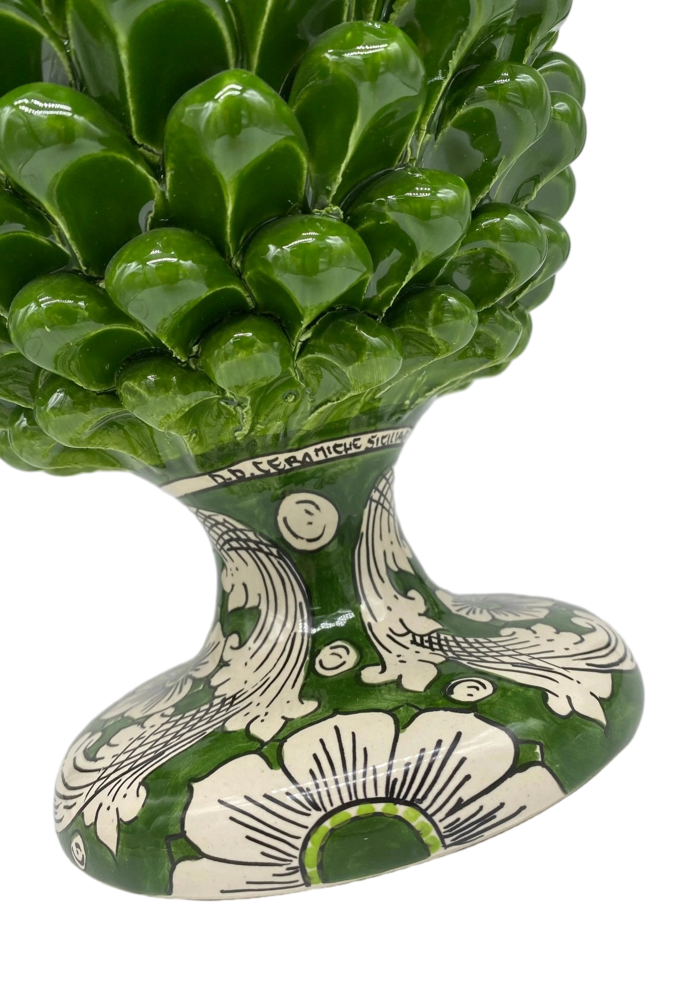 Lampada Pigna Ceramica Caltagirone cm H.30 Artigianale Verde Oliva Base Decorata - DD CERAMICHE SICILIANE