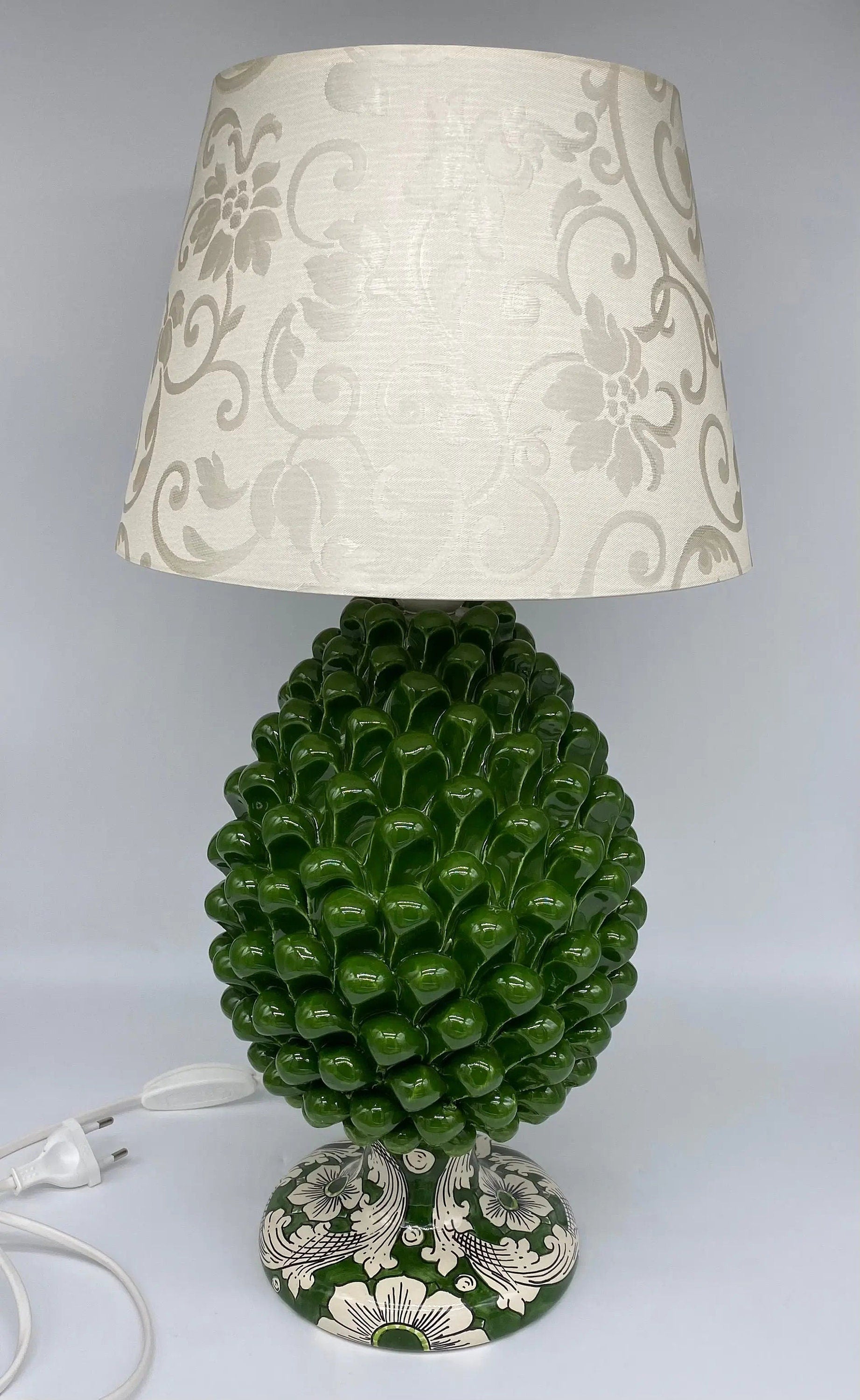 Lampada Pigna Ceramica Caltagirone cm H.30 Artigianale Verde Oliva Base Decorata DD CERAMICHE SICILIANE