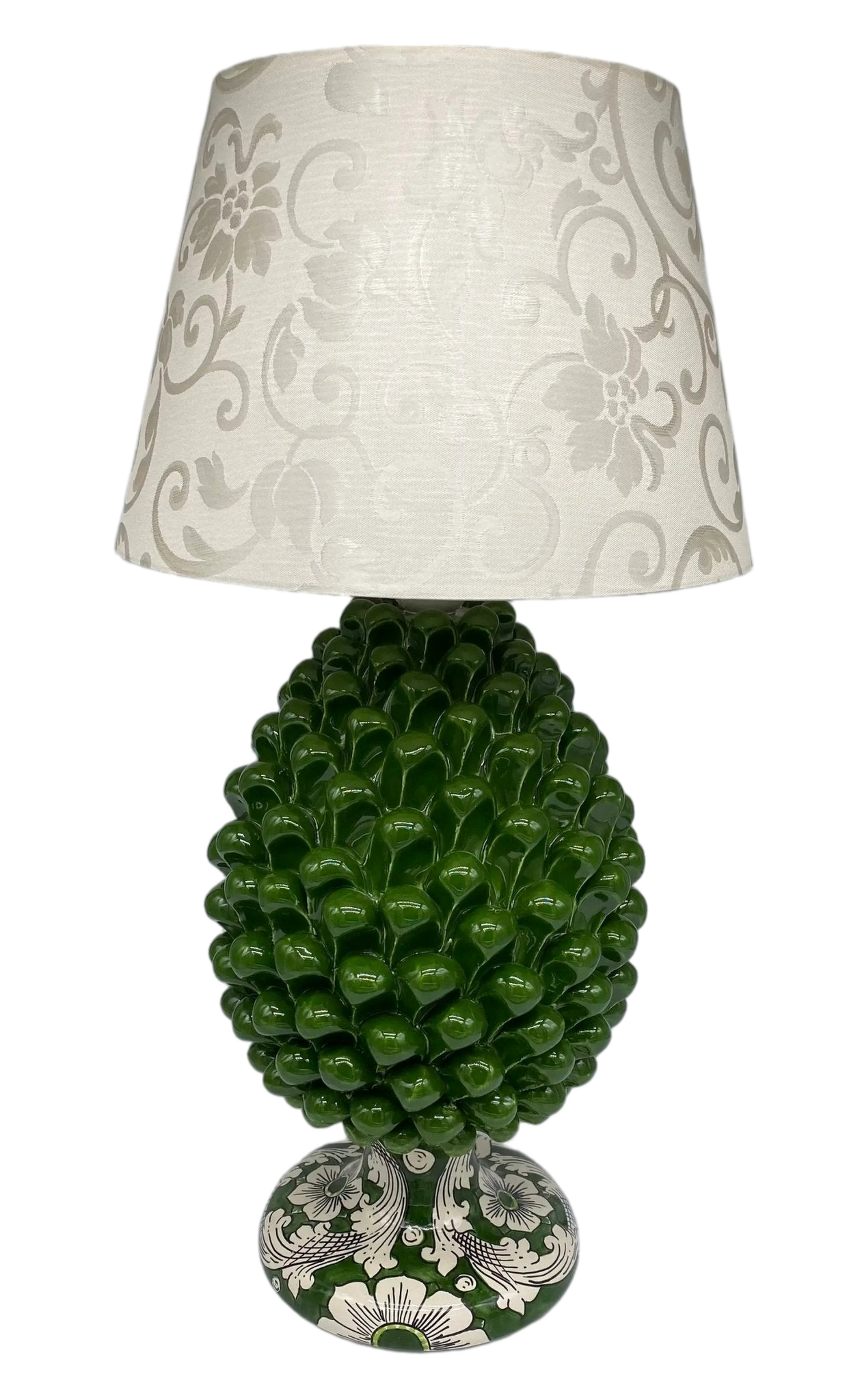 Lampada Pigna Ceramica Caltagirone cm H.30 Artigianale Verde Oliva Base Decorata - DD CERAMICHE SICILIANE