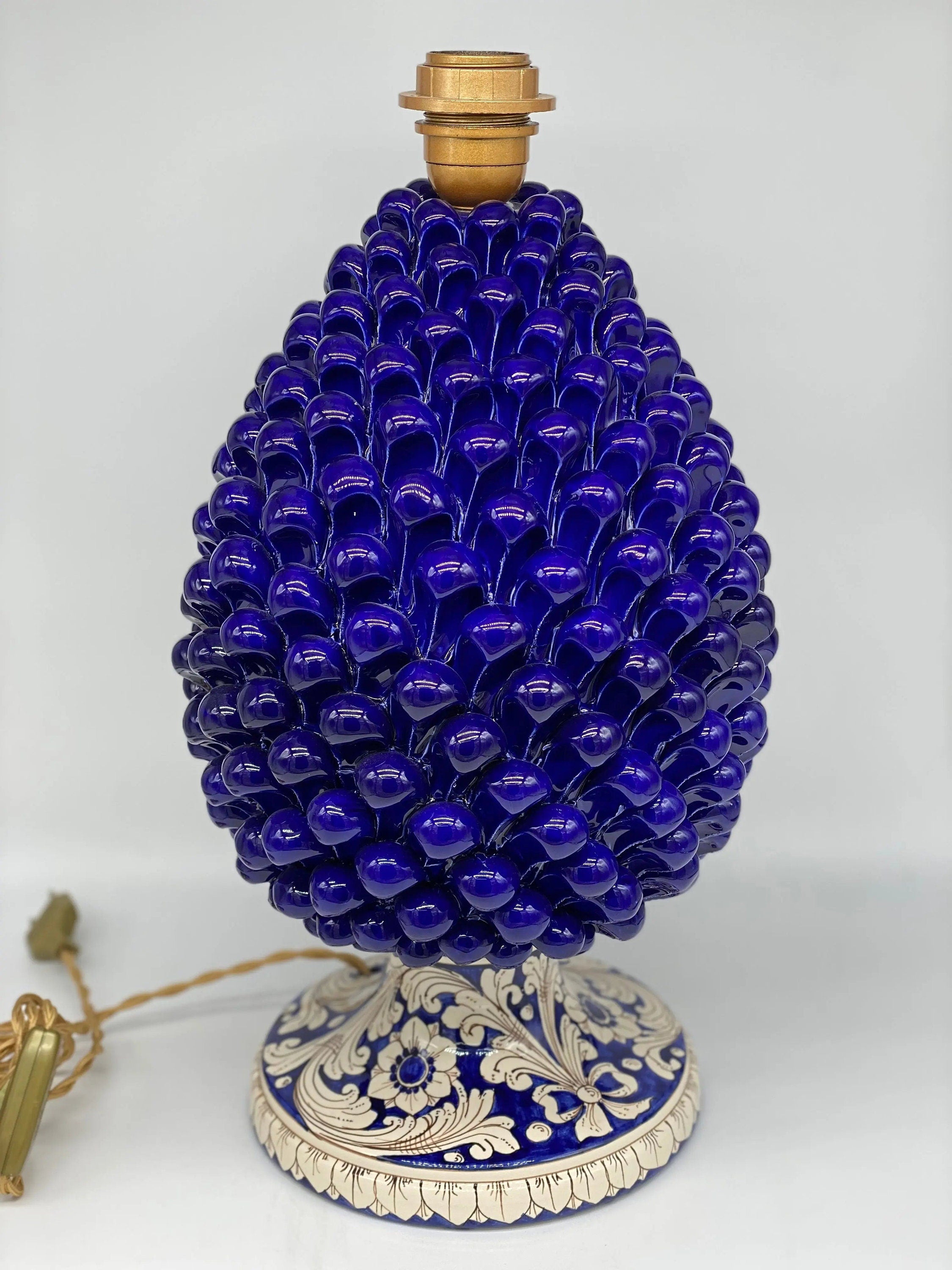Lampada Pigna Ceramica Caltagirone cm H.40 Artigianale Blu Base Decorata DD CERAMICHE SICILIANE