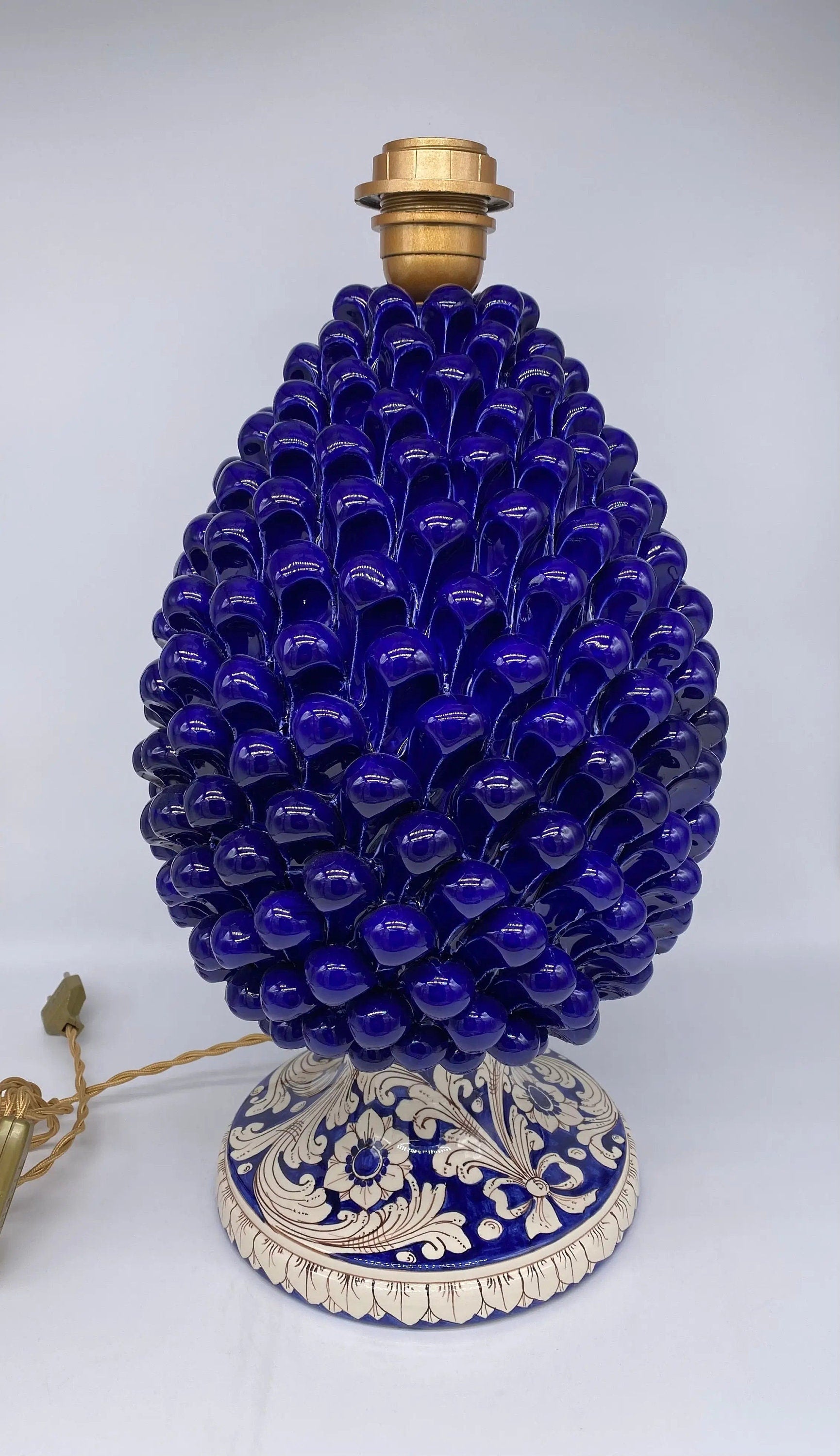 Lampada Pigna Ceramica Caltagirone cm H.40 Artigianale Blu Base Decorata DD CERAMICHE SICILIANE