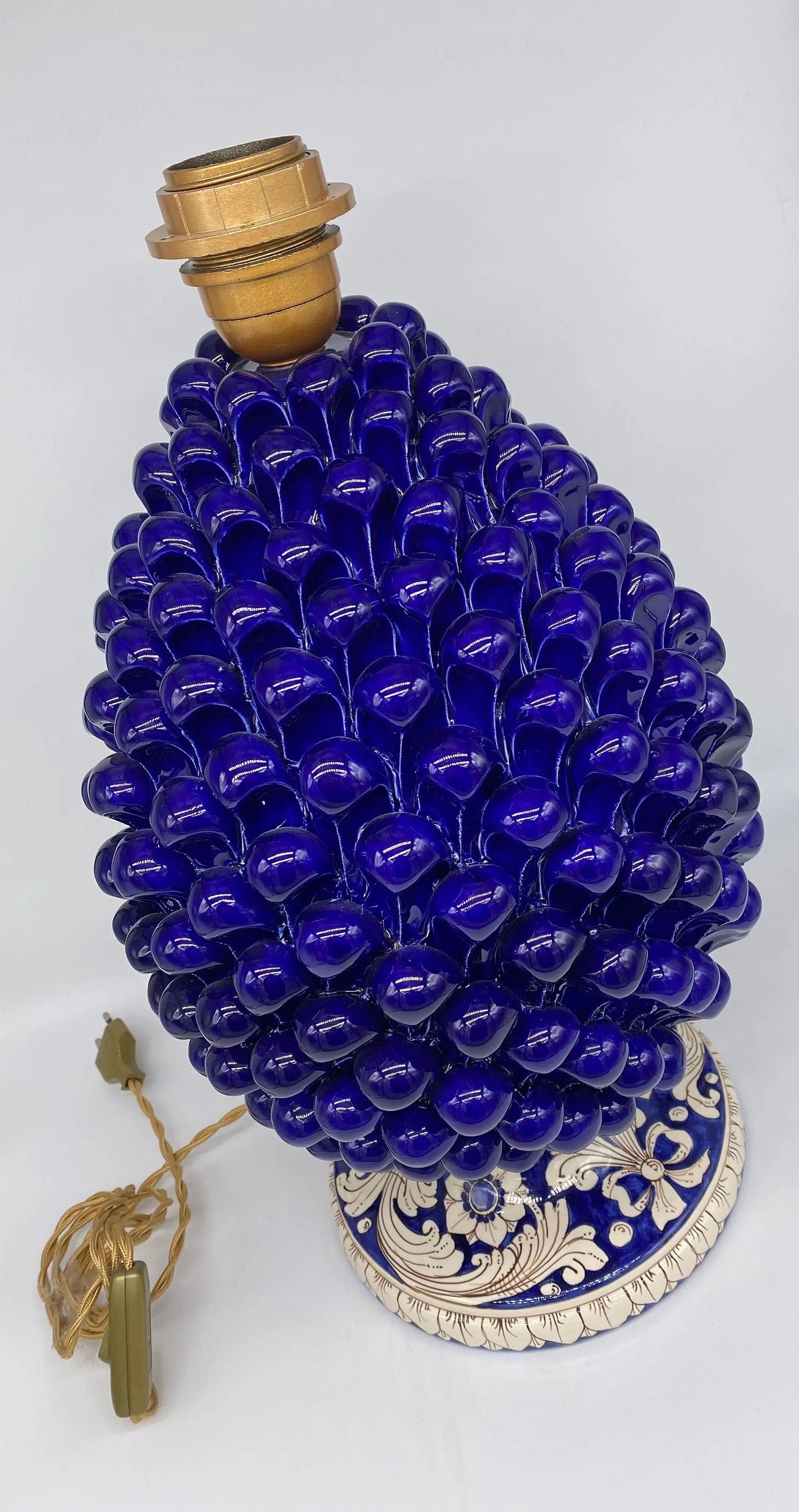 Lampada Pigna Ceramica Caltagirone cm H.40 Artigianale Blu Base Decorata DD CERAMICHE SICILIANE