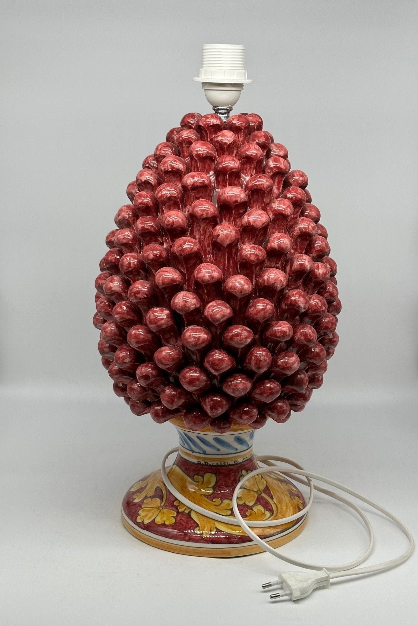 Lampada Pigna Ceramica Caltagirone cm H.40 Artigianale Bordeaux Base Decorata - DD CERAMICHE SICILIANE