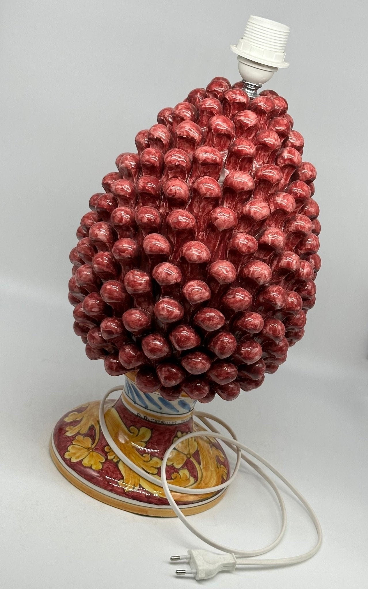 Lampada Pigna Ceramica Caltagirone cm H.40 Artigianale Bordeaux Base Decorata - DD CERAMICHE SICILIANE