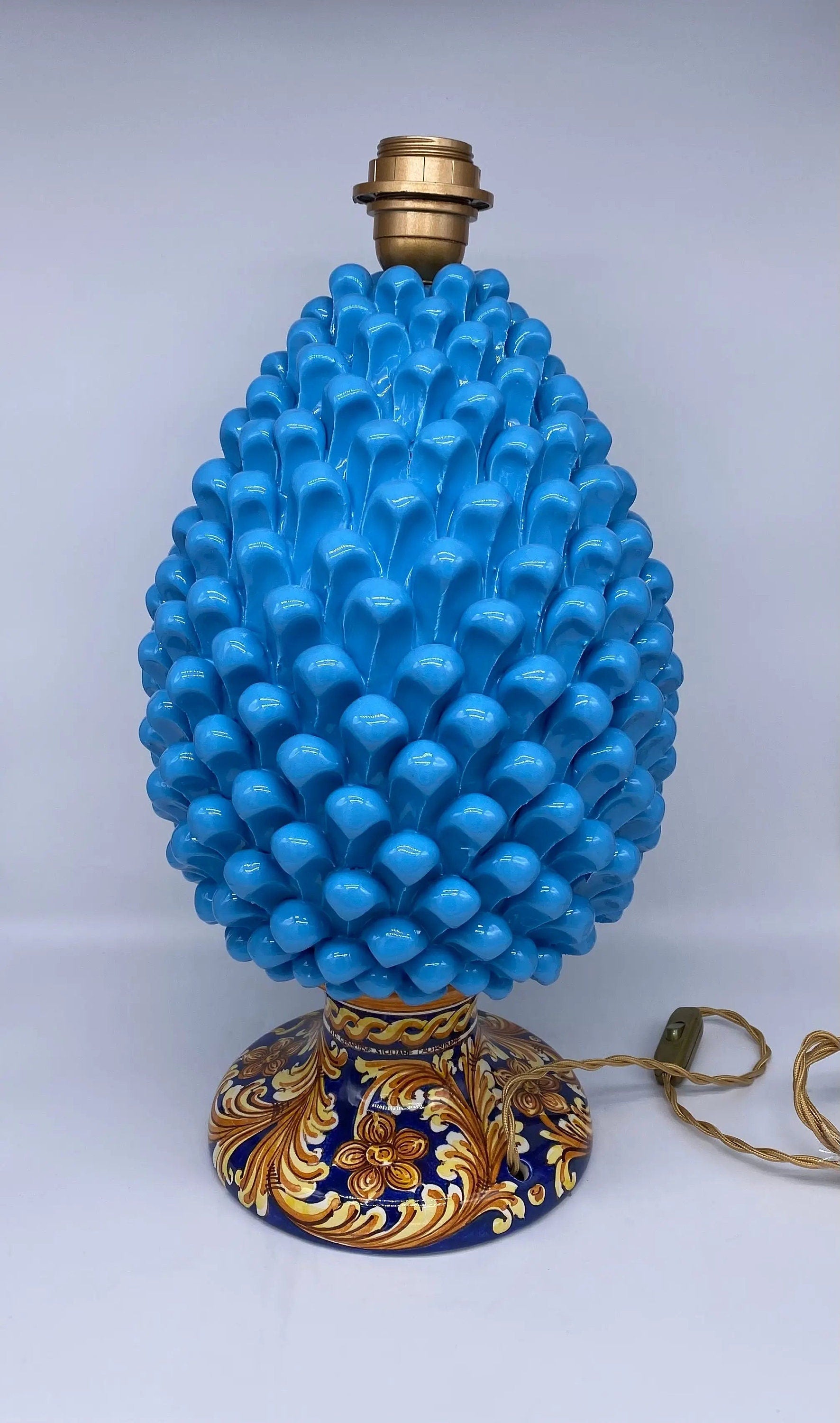 Lampada Pigna Ceramica Caltagirone cm H.40 Artigianale Celeste Base Decorata DD CERAMICHE SICILIANE