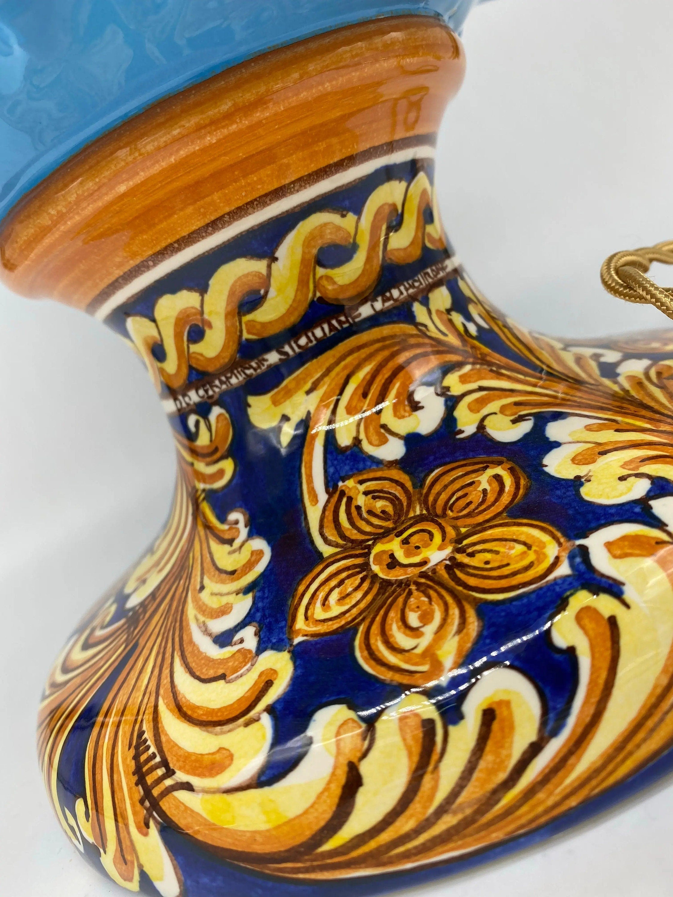 Lampada Pigna Ceramica Caltagirone cm H.40 Artigianale Celeste Base Decorata DD CERAMICHE SICILIANE