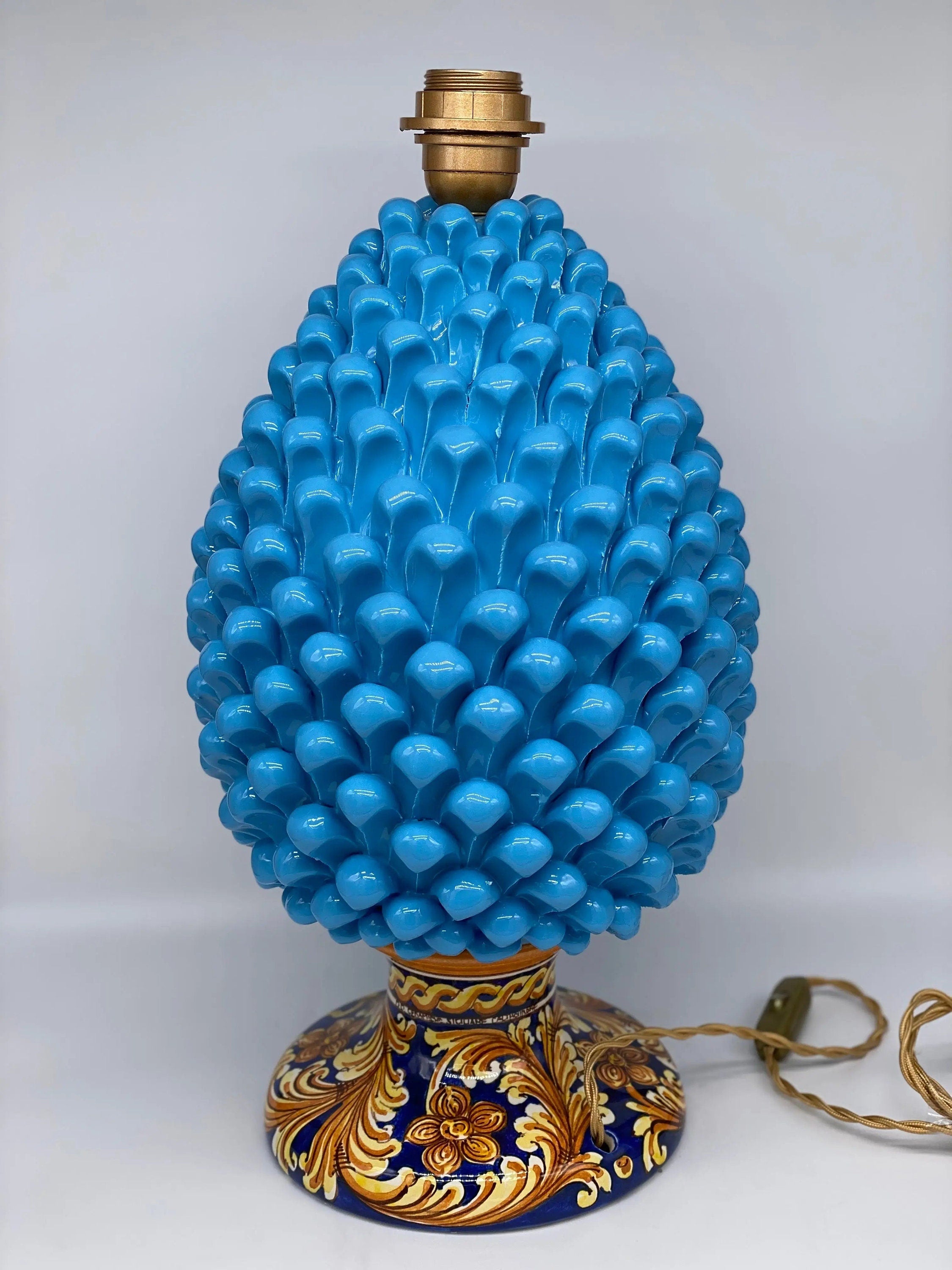 Lampada Pigna Ceramica Caltagirone cm H.40 Artigianale Celeste Base Decorata DD CERAMICHE SICILIANE