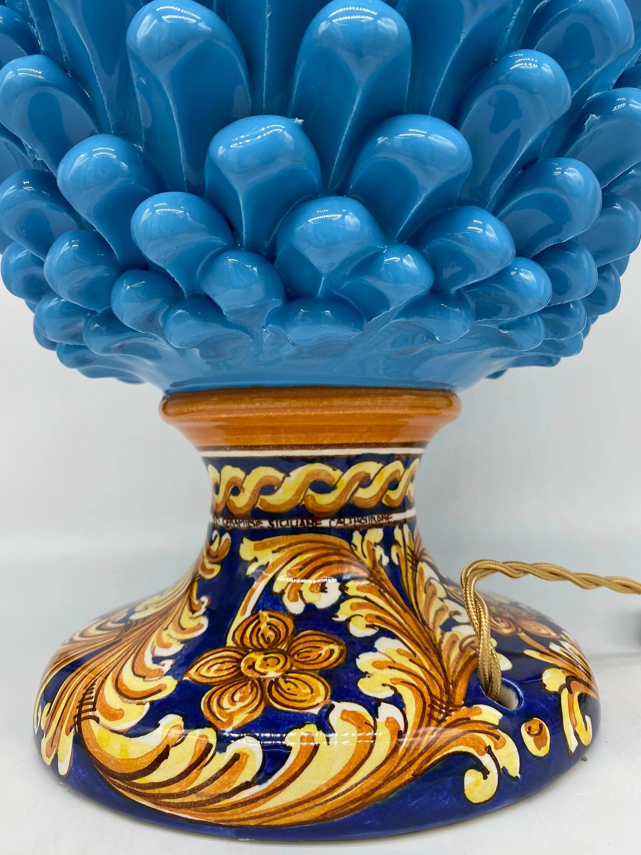 Lampada Pigna Ceramica Caltagirone cm H.40 Artigianale Celeste Base Decorata DD CERAMICHE SICILIANE