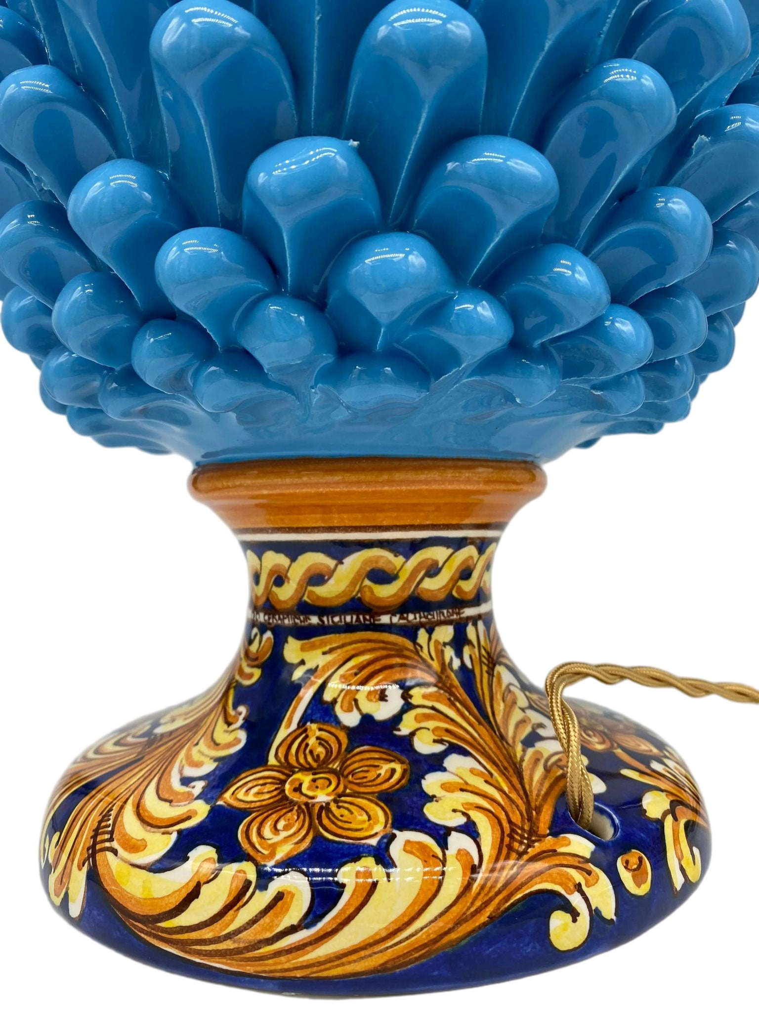 Lampada Pigna Ceramica Caltagirone cm H.40 Artigianale Celeste Base Decorata - DD CERAMICHE SICILIANE