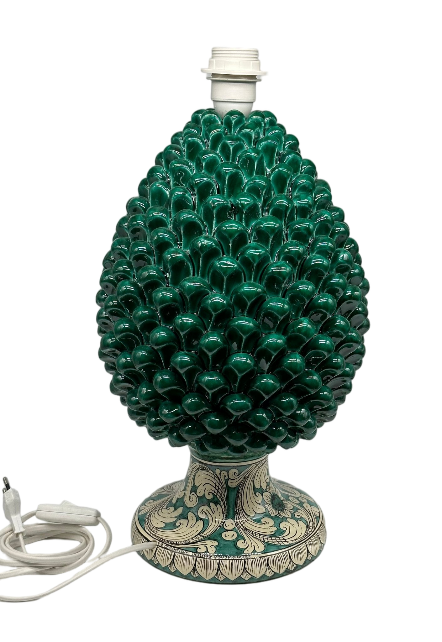 Lampada Pigna Ceramica Caltagirone cm H.40 Artigianale Verde Cristallo Base Decorata - DD CERAMICHE SICILIANE