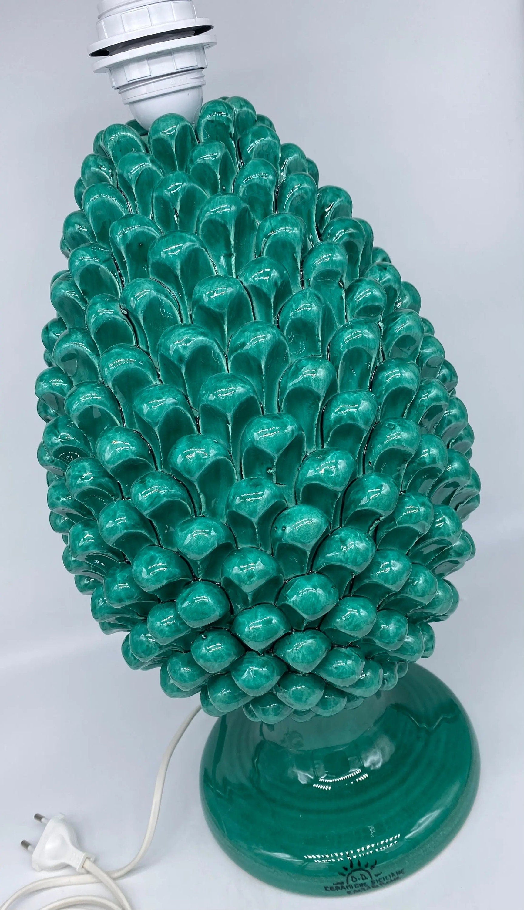 Lampada Pigna Ceramica Caltagirone cm H.40 Artigianale Verde Cristallo Base Decorata DD CERAMICHE SICILIANE