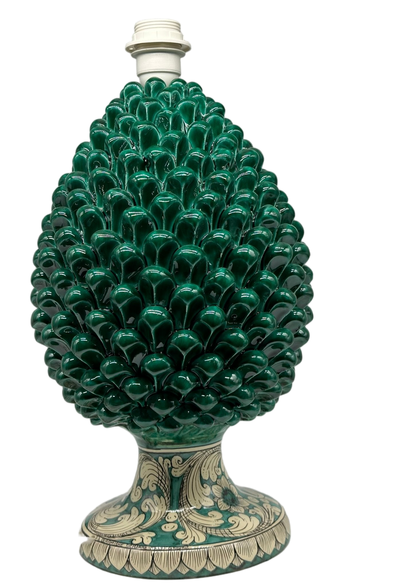 Lampada Pigna Ceramica Caltagirone cm H.40 Artigianale Verde Cristallo Base Decorata - DD CERAMICHE SICILIANE