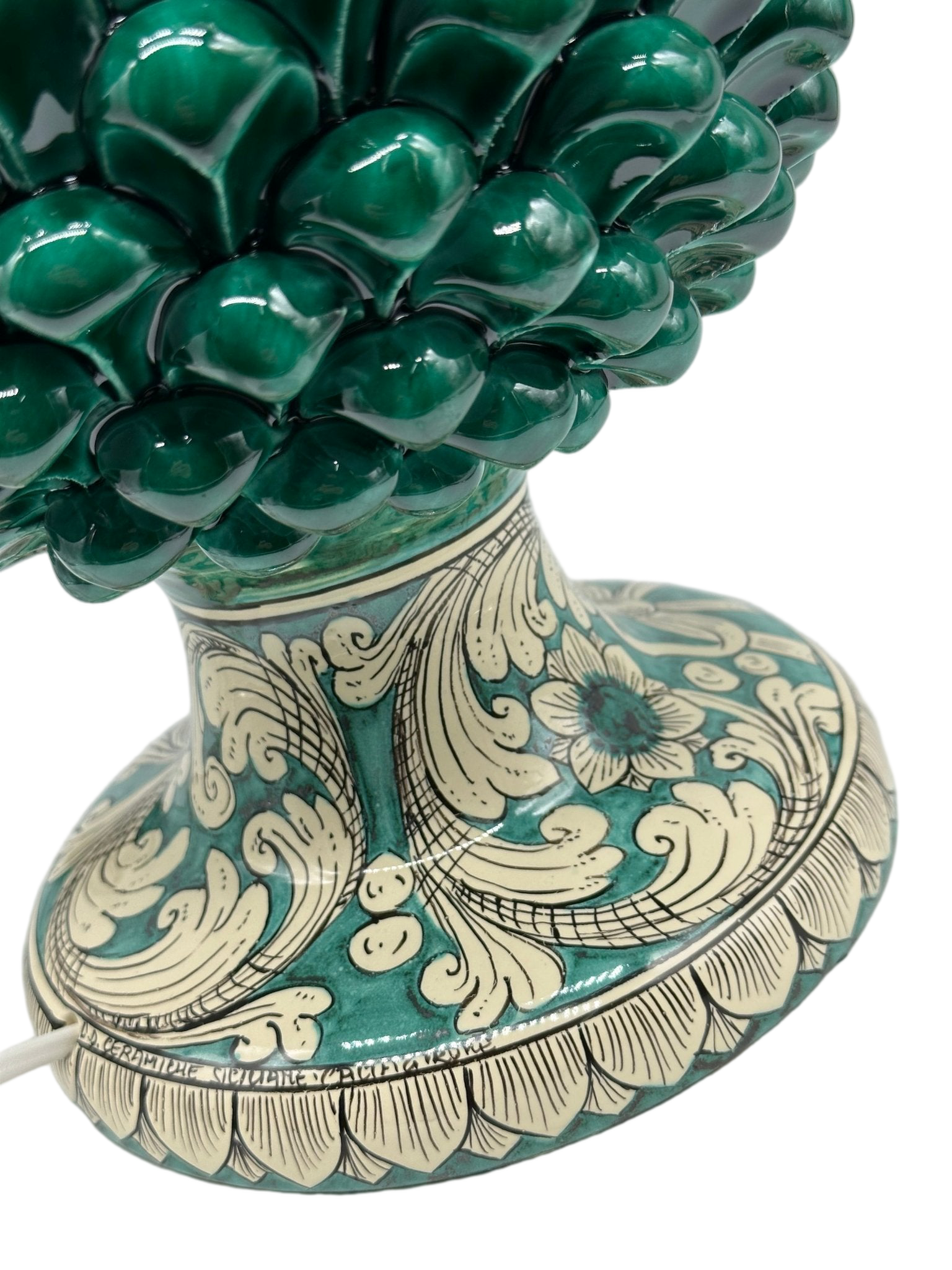 Lampada Pigna Ceramica Caltagirone cm H.40 Artigianale Verde Cristallo Base Decorata - DD CERAMICHE SICILIANE