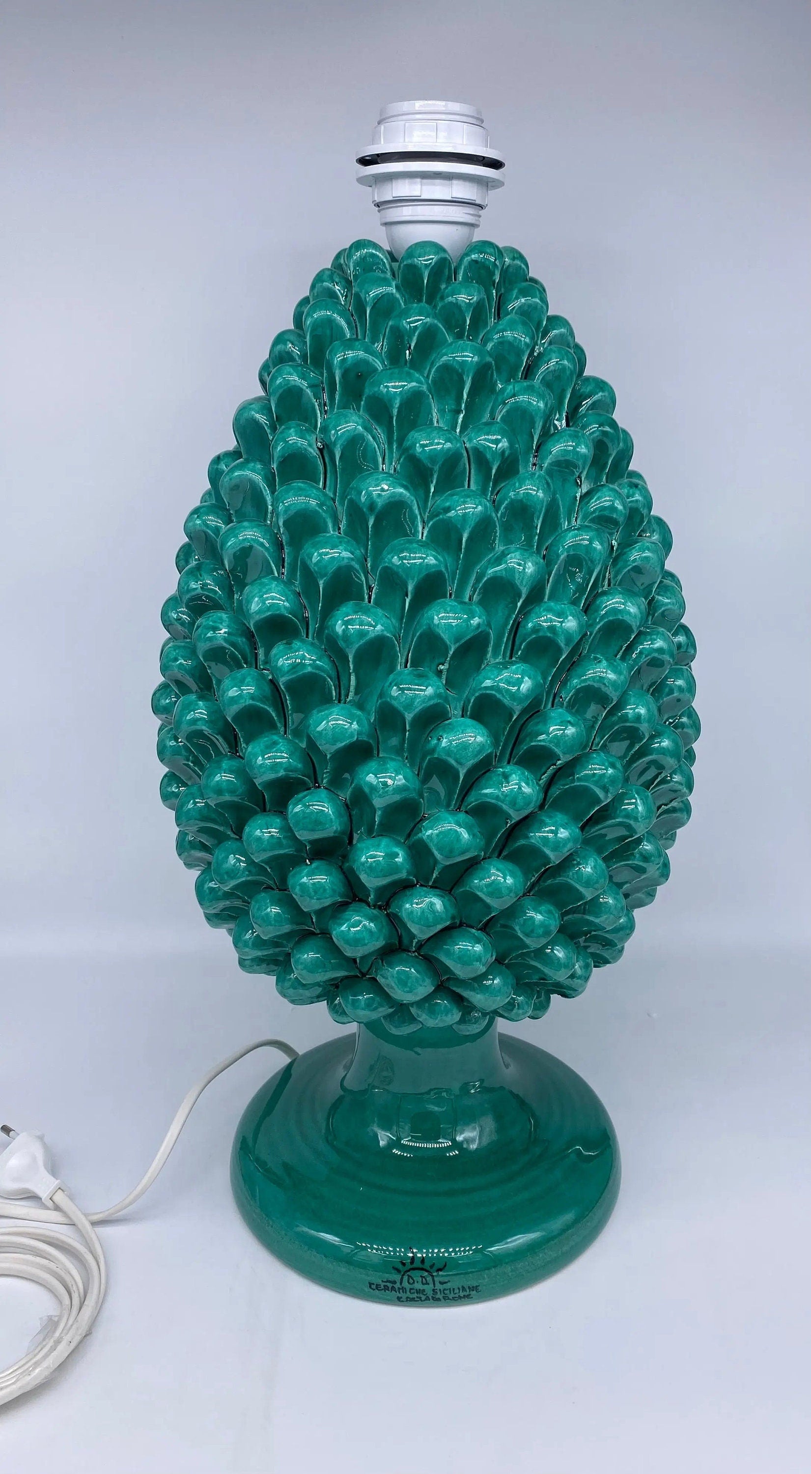 Lampada Pigna Ceramica Caltagirone cm H.40 Artigianale Verde Cristallo Base Decorata DD CERAMICHE SICILIANE