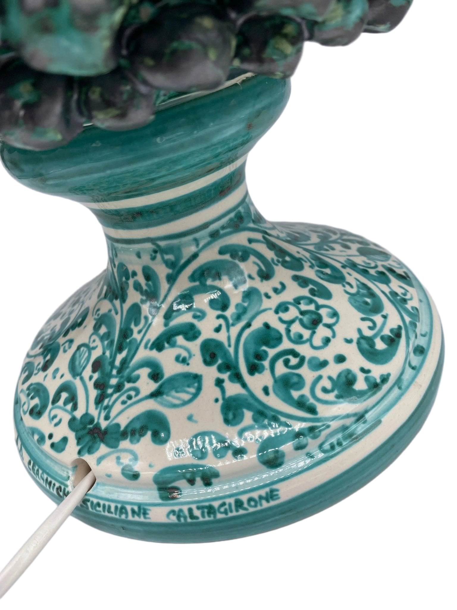 Lampada Pigna Ceramica Caltagirone cm H.45 Artigianale Verde Rame Base Decorata - DD CERAMICHE SICILIANE