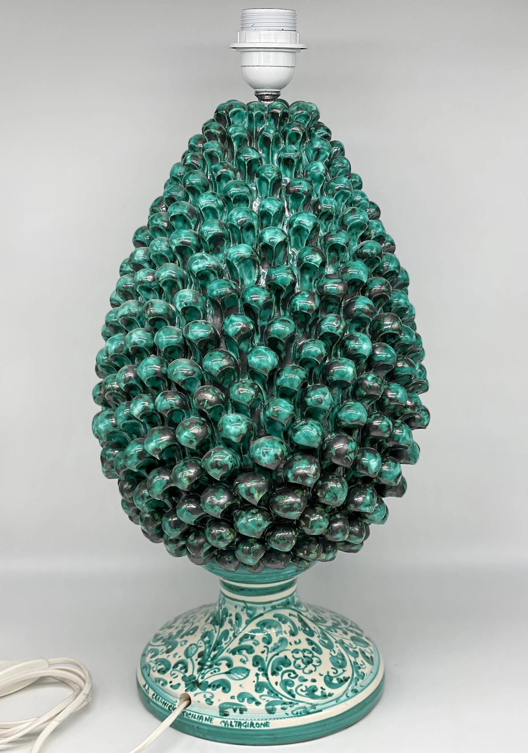 Lampada Pigna Ceramica Caltagirone cm H.45 Artigianale Verde Rame Base Decorata DD CERAMICHE SICILIANE