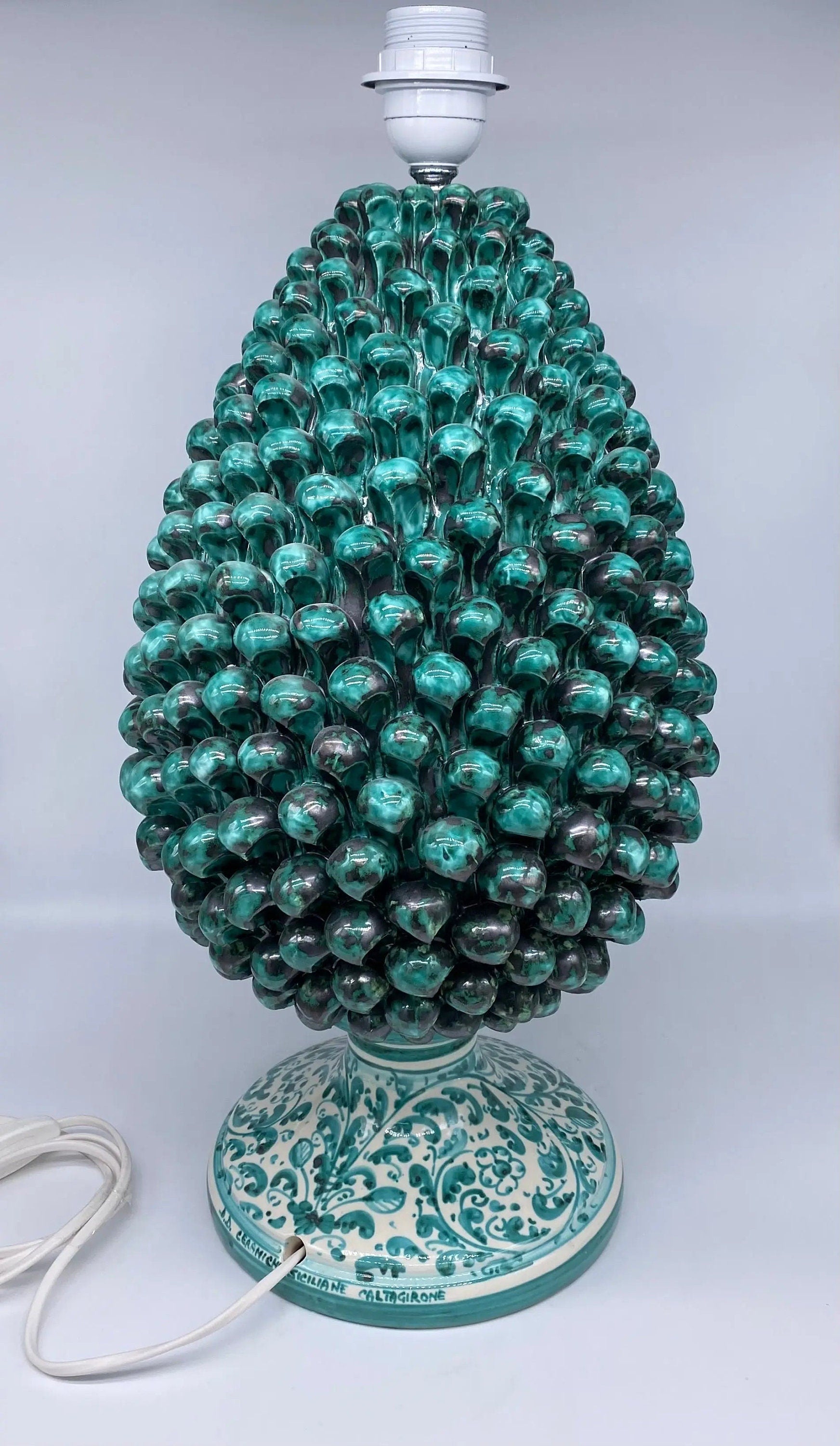 Lampada Pigna Ceramica Caltagirone cm H.45 Artigianale Verde Rame Base Decorata DD CERAMICHE SICILIANE