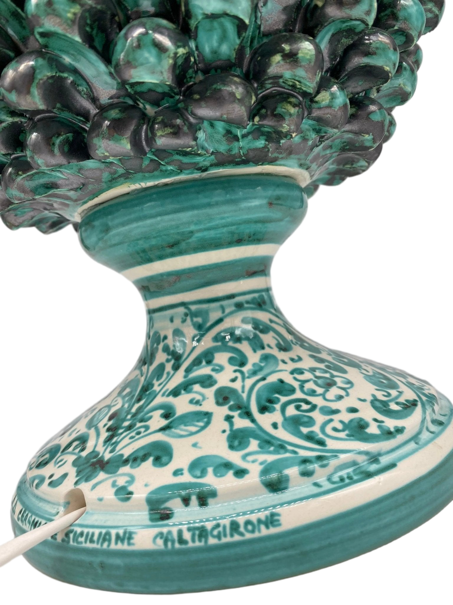 Lampada Pigna Ceramica Caltagirone cm H.45 Artigianale Verde Rame Base Decorata - DD CERAMICHE SICILIANE