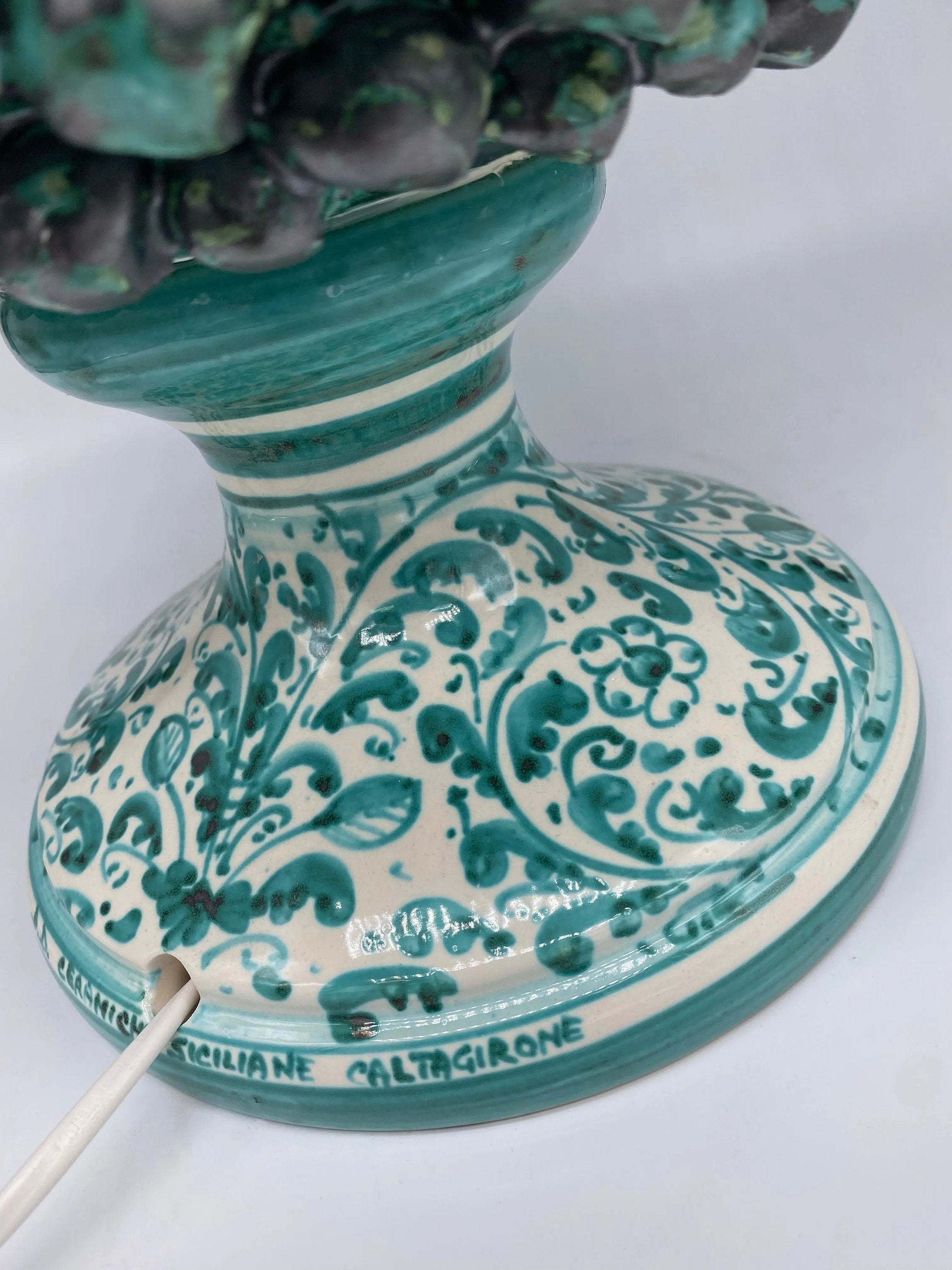 Lampada Pigna Ceramica Caltagirone cm H.45 Artigianale Verde Rame Base Decorata DD CERAMICHE SICILIANE