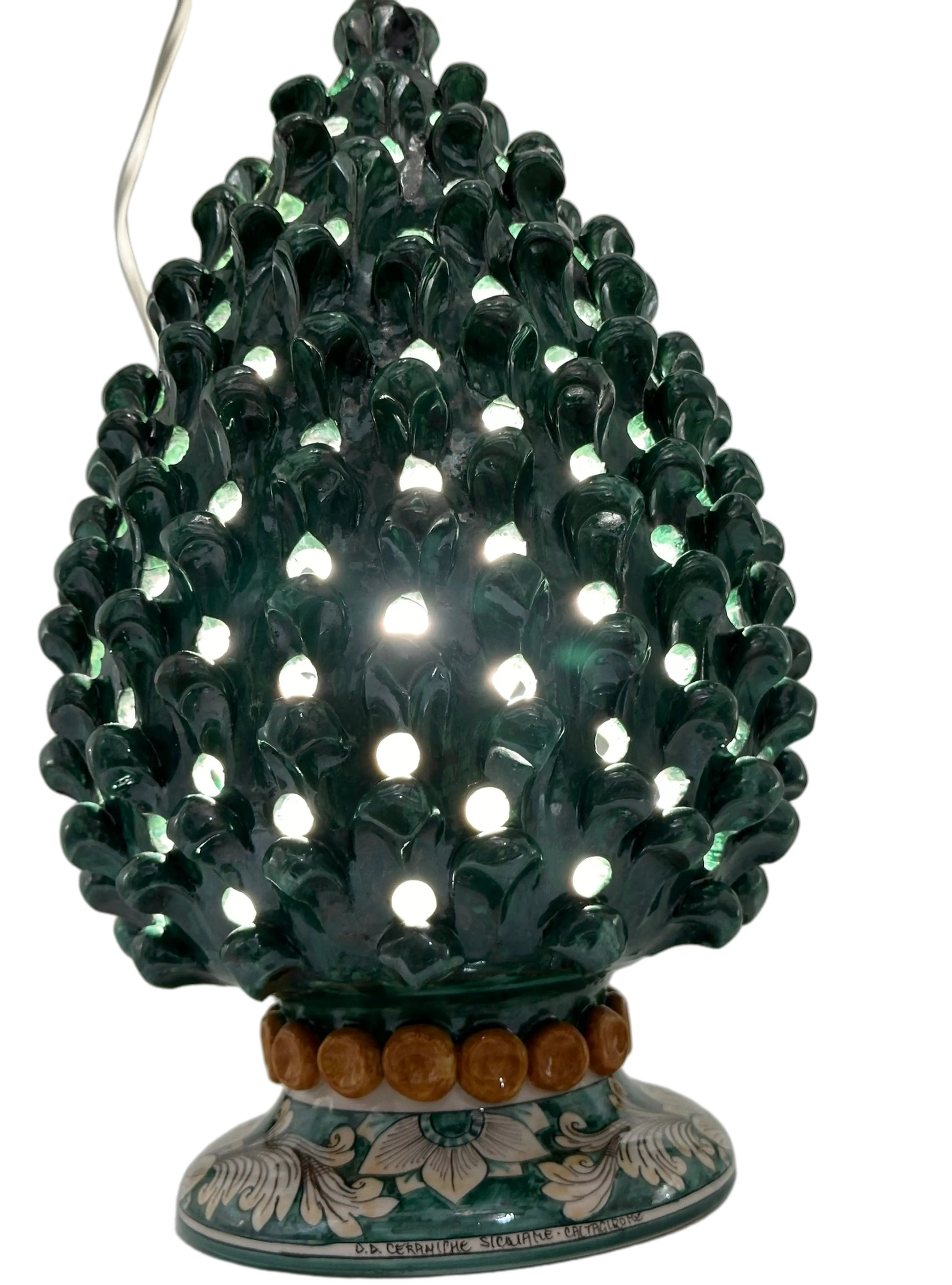 Lampada Pigna Gigante traforata Ceramica Caltagirone cm H.45 L.28 Artigianale Verde Rame Base Decorata DD CERAMICHE SICILIANE