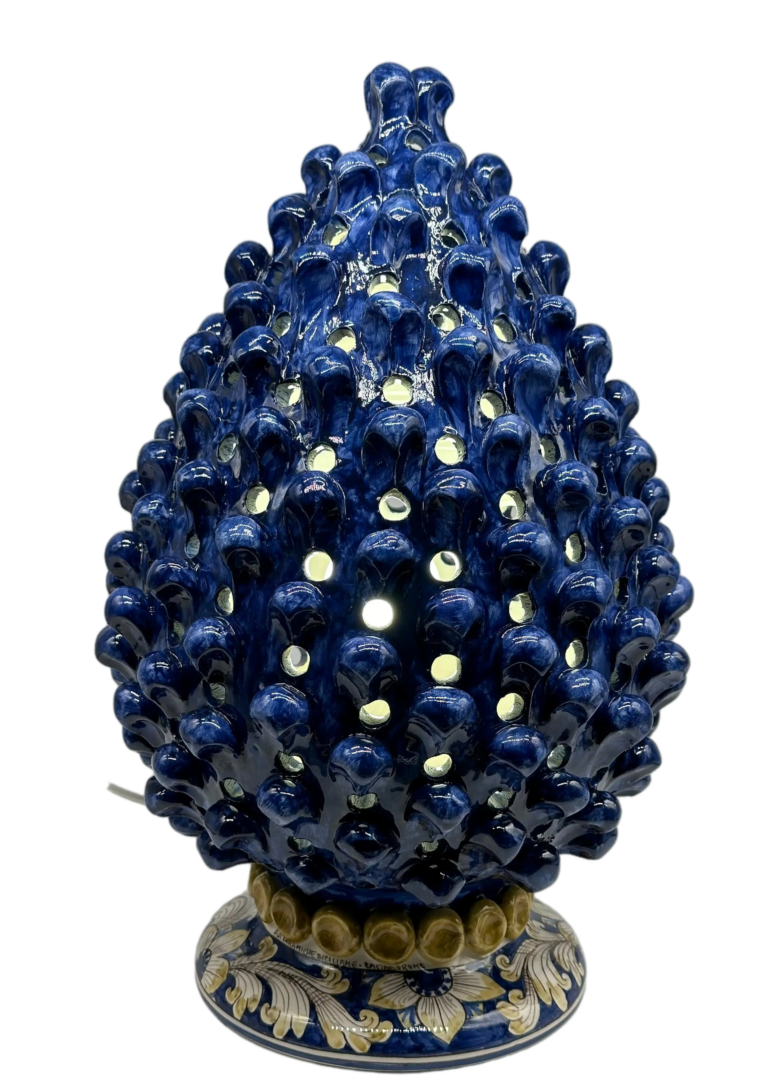 Lampada Pigna Gigante traforata Ceramica Caltagirone cm H.45 L.28 Artigianale Blu Base Decorata DD CERAMICHE SICILIANE