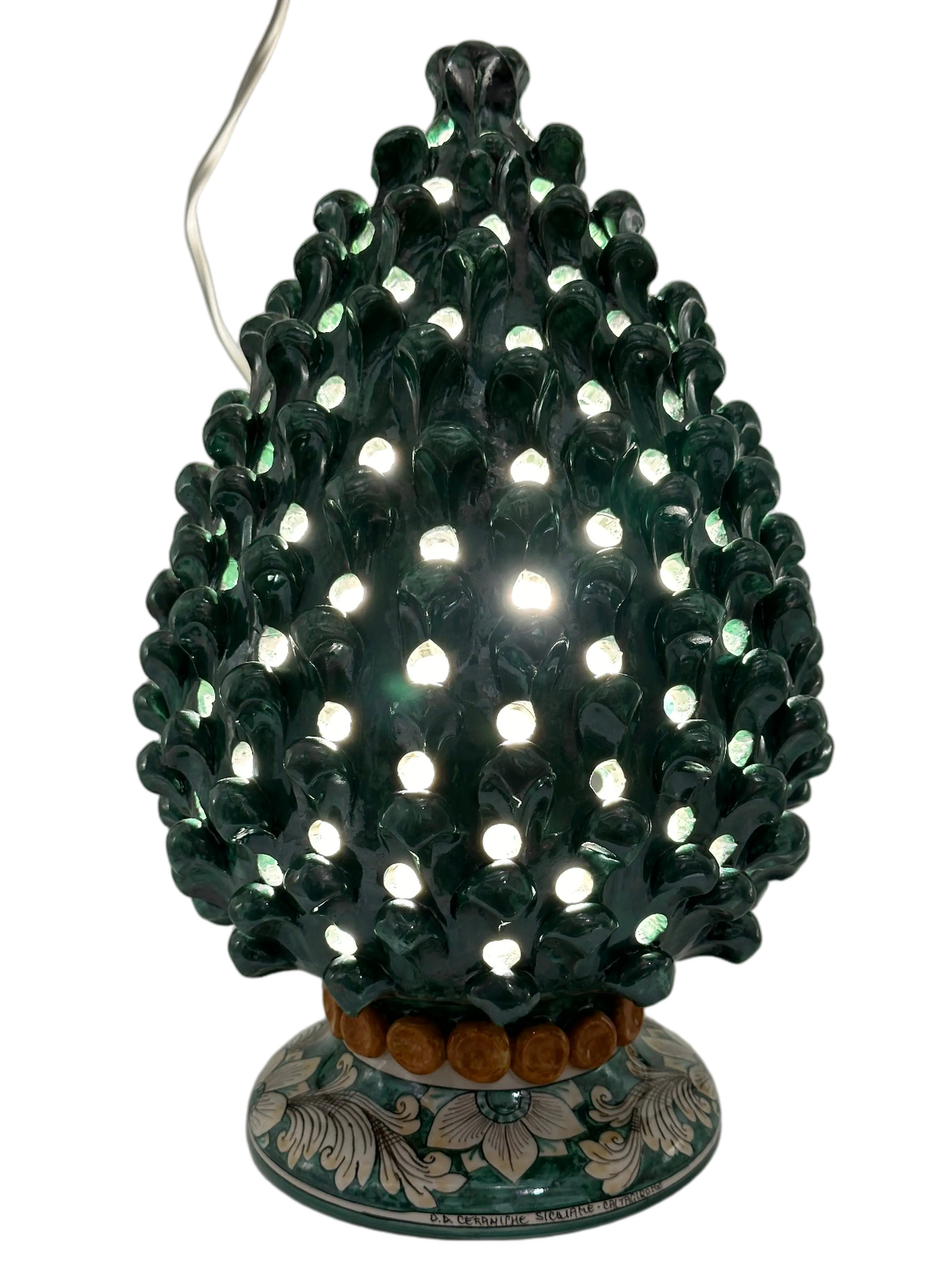 Lampada Pigna Gigante traforata Ceramica Caltagirone cm H.45 L.28 Artigianale Verde Rame Base Decorata DD CERAMICHE SICILIANE