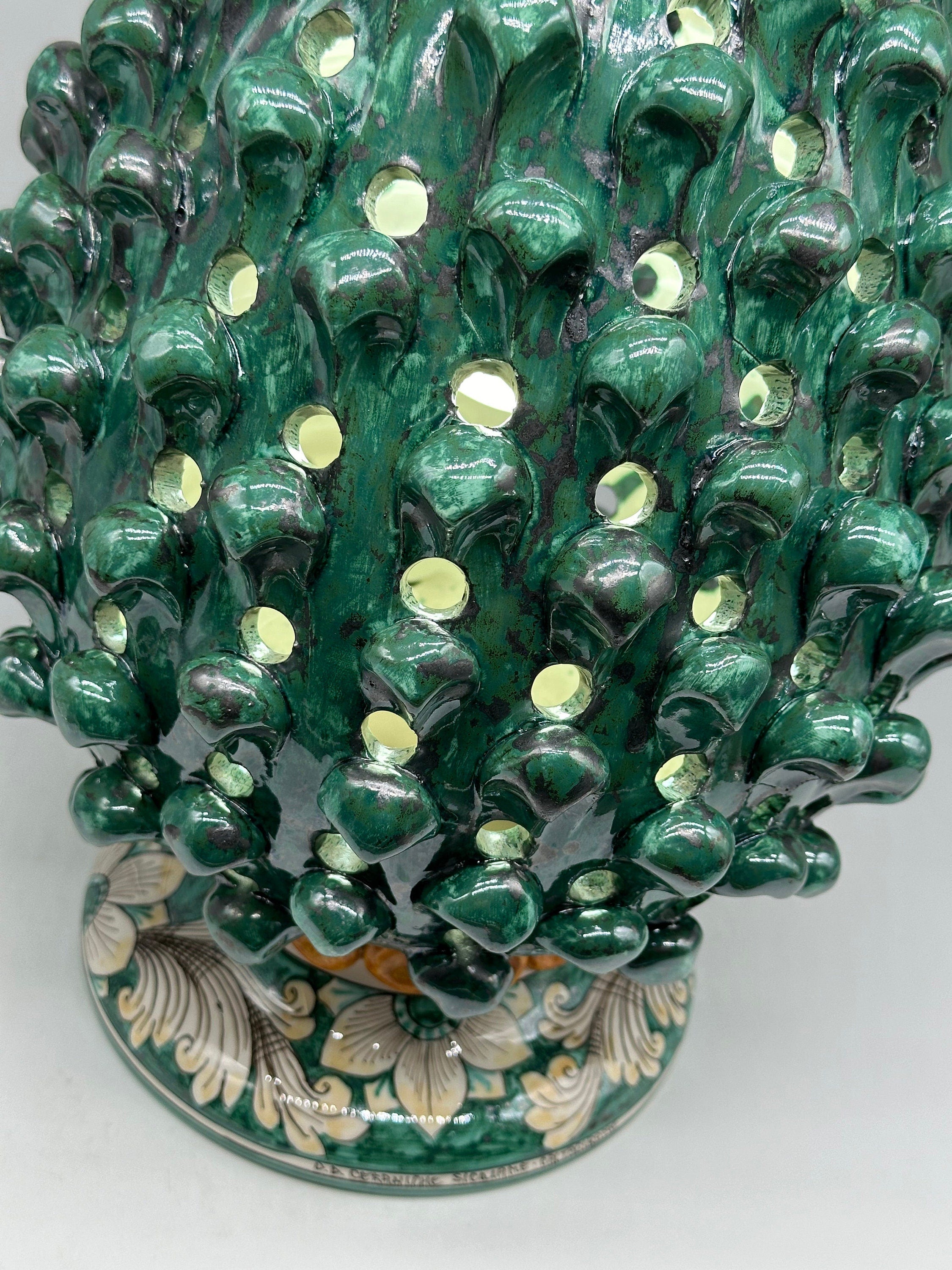 Lampada Pigna Gigante traforata Ceramica Caltagirone cm H.45 L.28 Artigianale Verde Rame Base Decorata