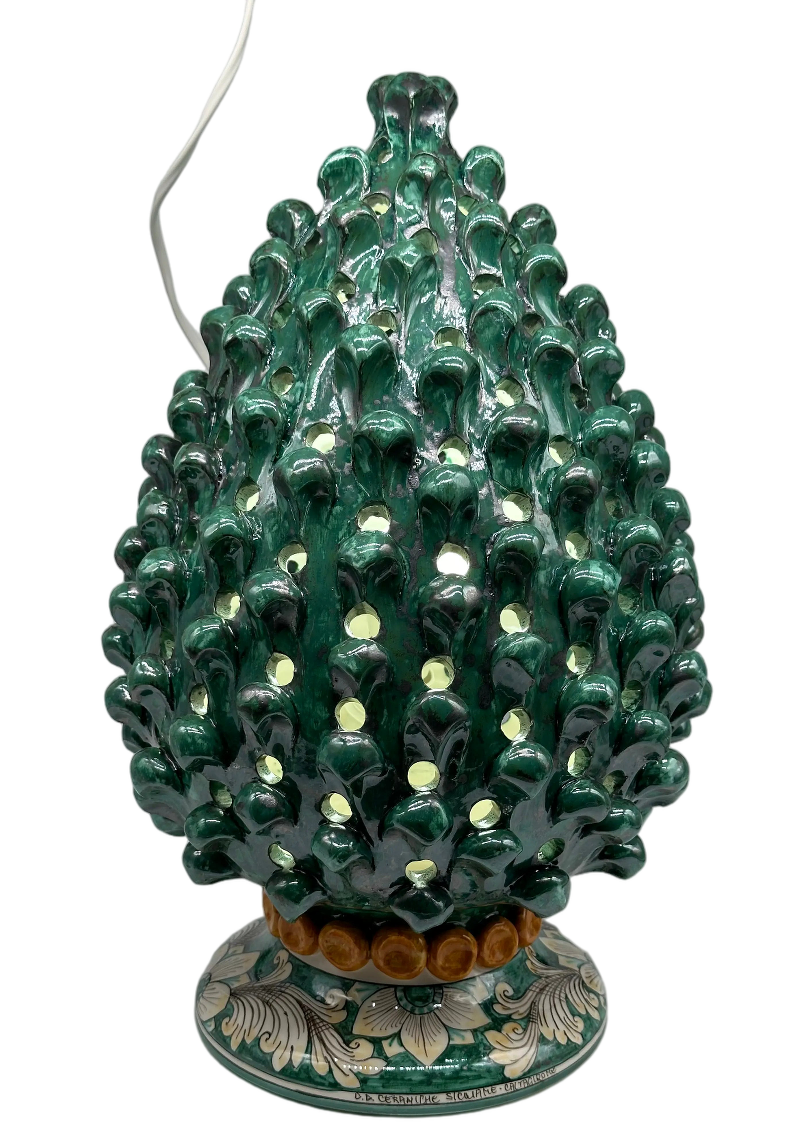 Lampada Pigna Gigante traforata Ceramica Caltagirone cm H.45 L.28 Artigianale Verde Rame Base Decorata DD CERAMICHE SICILIANE