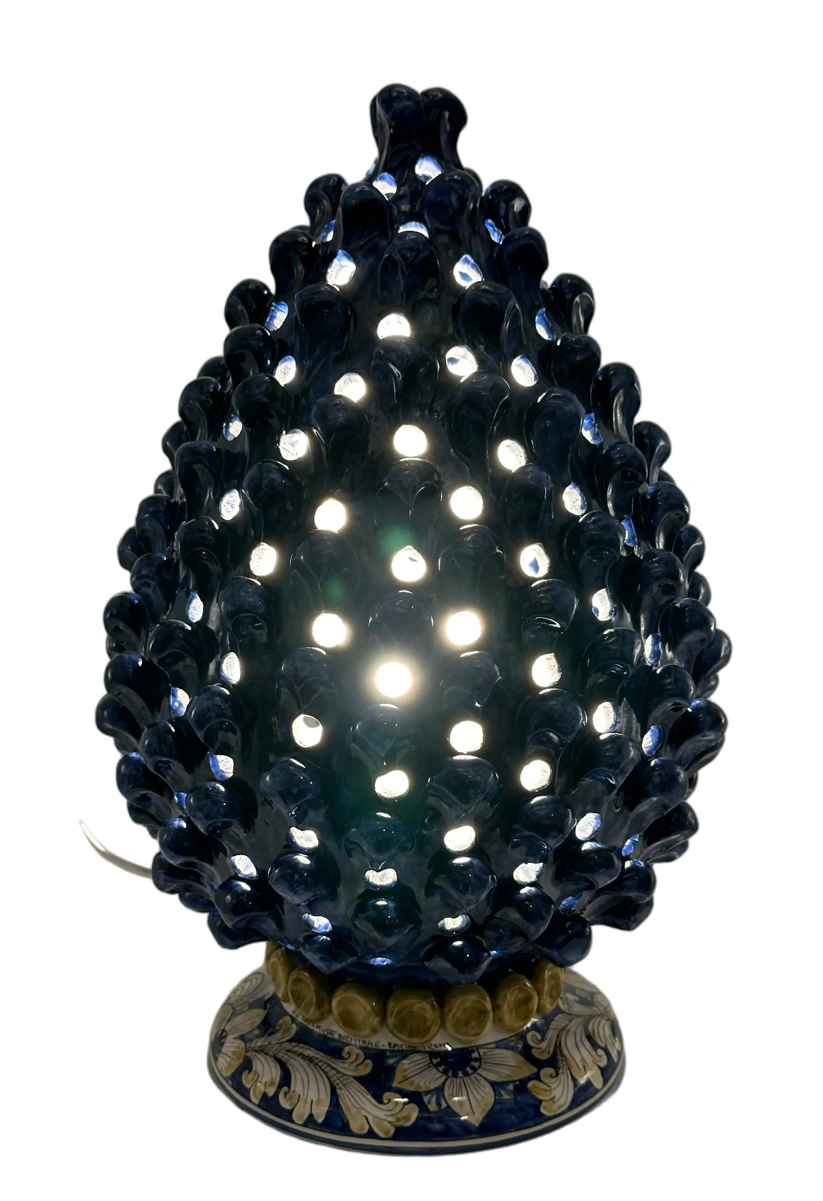 Lampada Pigna Gigante traforata Ceramica Caltagirone cm H.45 L.28 Artigianale Blu Base Decorata DD CERAMICHE SICILIANE
