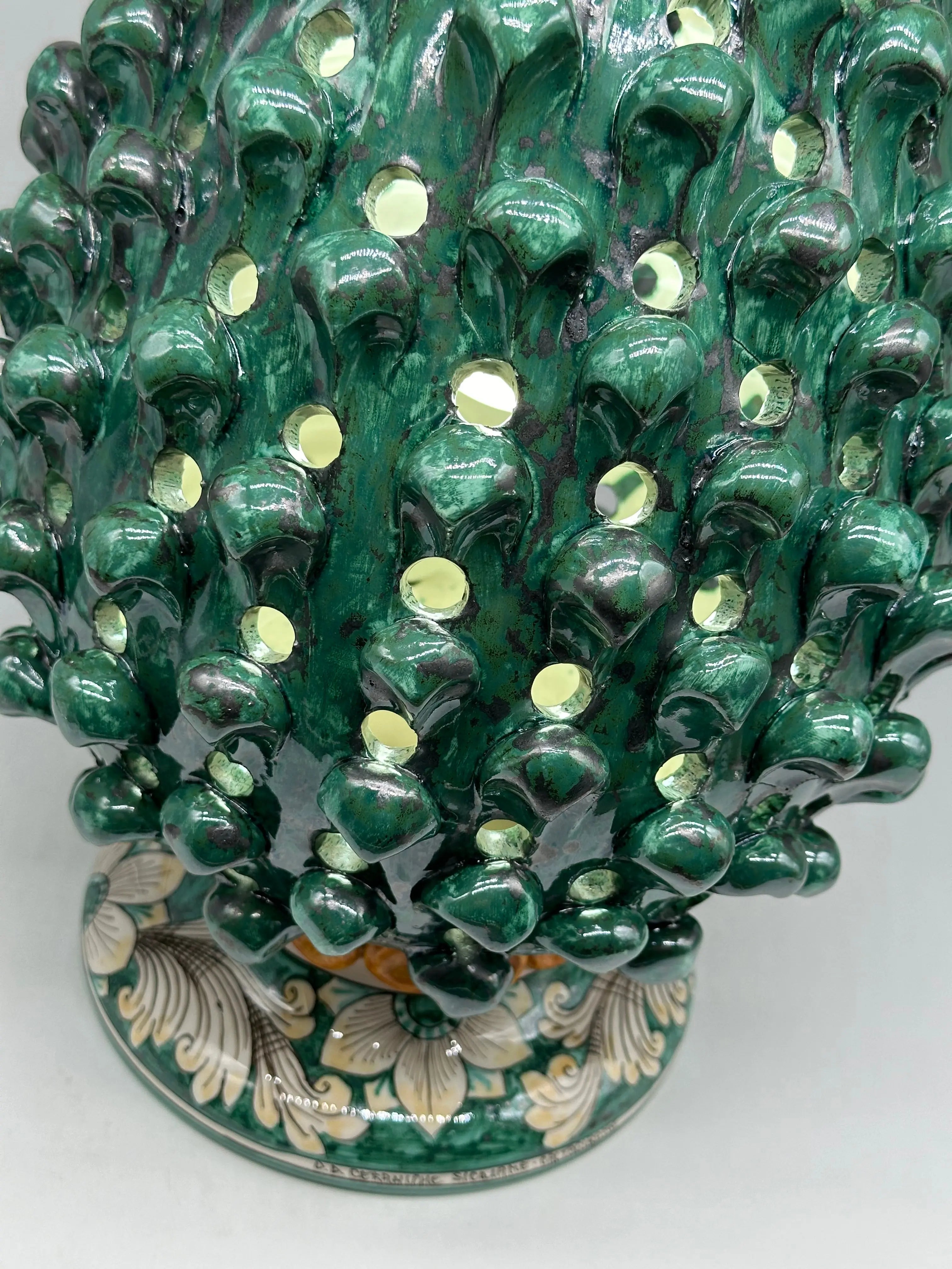 Lampada Pigna Gigante traforata Ceramica Caltagirone cm H.45 L.28 Artigianale Verde Rame Base Decorata DD CERAMICHE SICILIANE