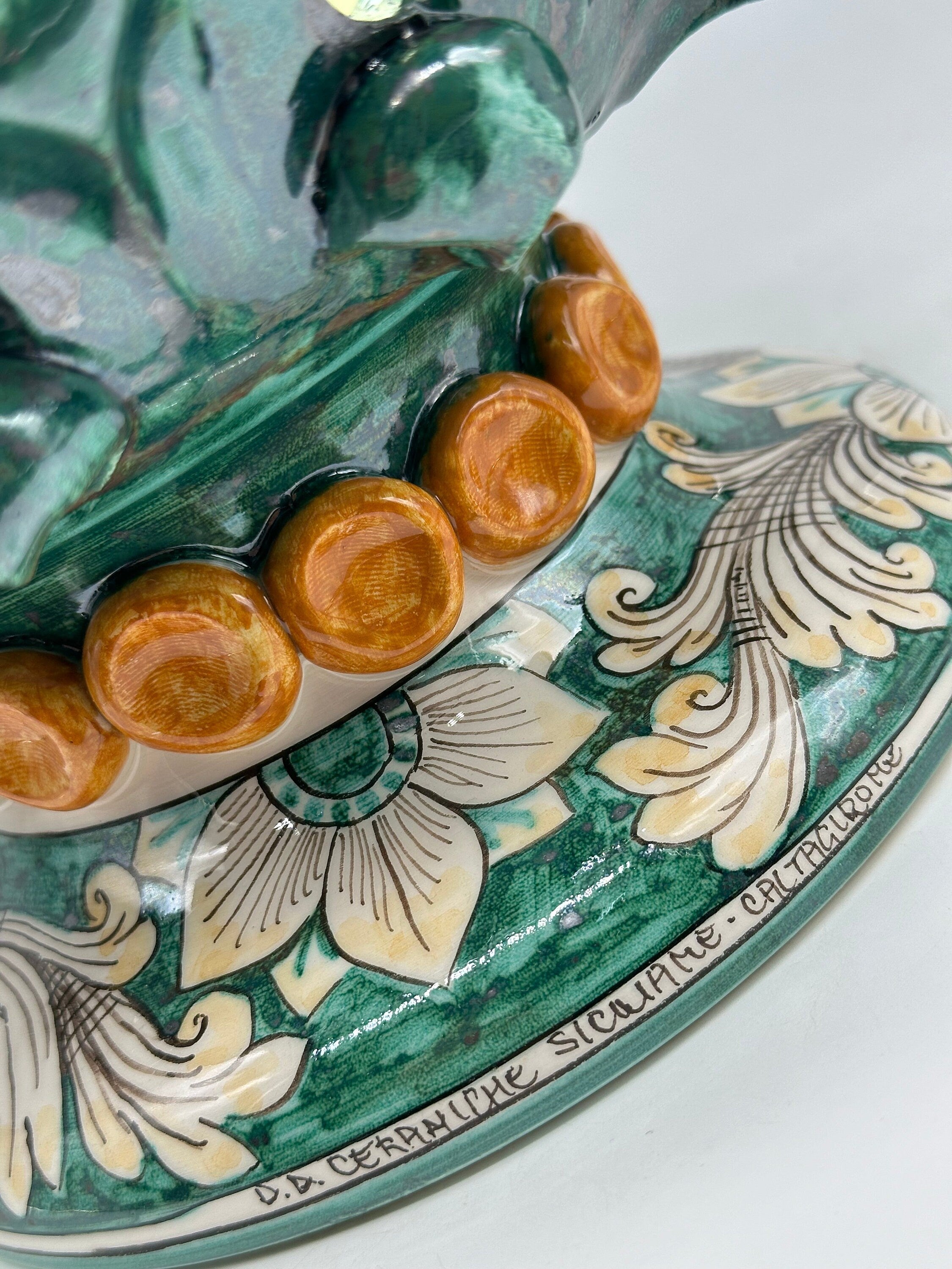 Lampada Pigna Gigante traforata Ceramica Caltagirone cm H.45 L.28 Artigianale Verde Rame Base Decorata