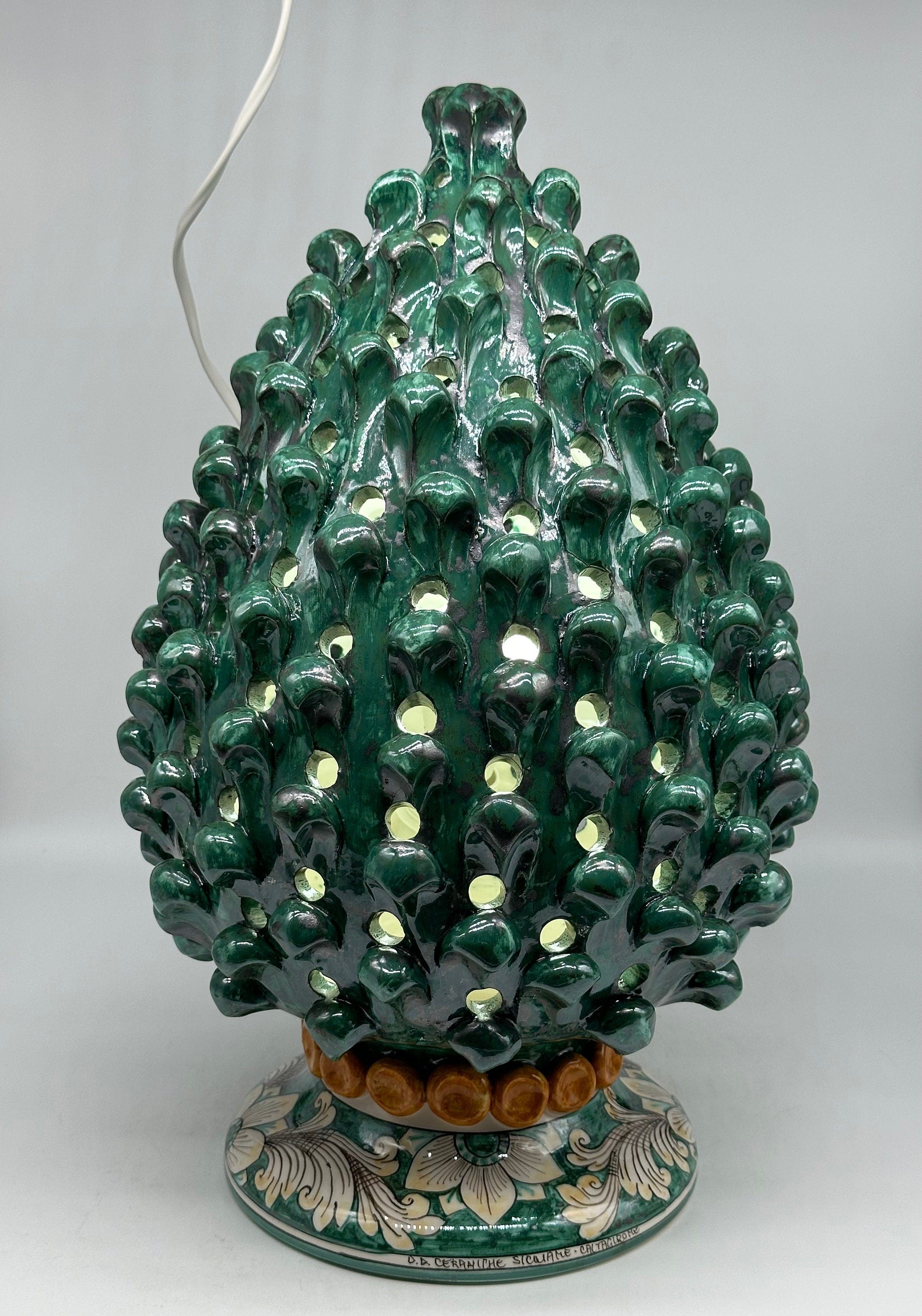 Lampada Pigna Gigante traforata Ceramica Caltagirone cm H.45 L.28 Artigianale Verde Rame Base Decorata