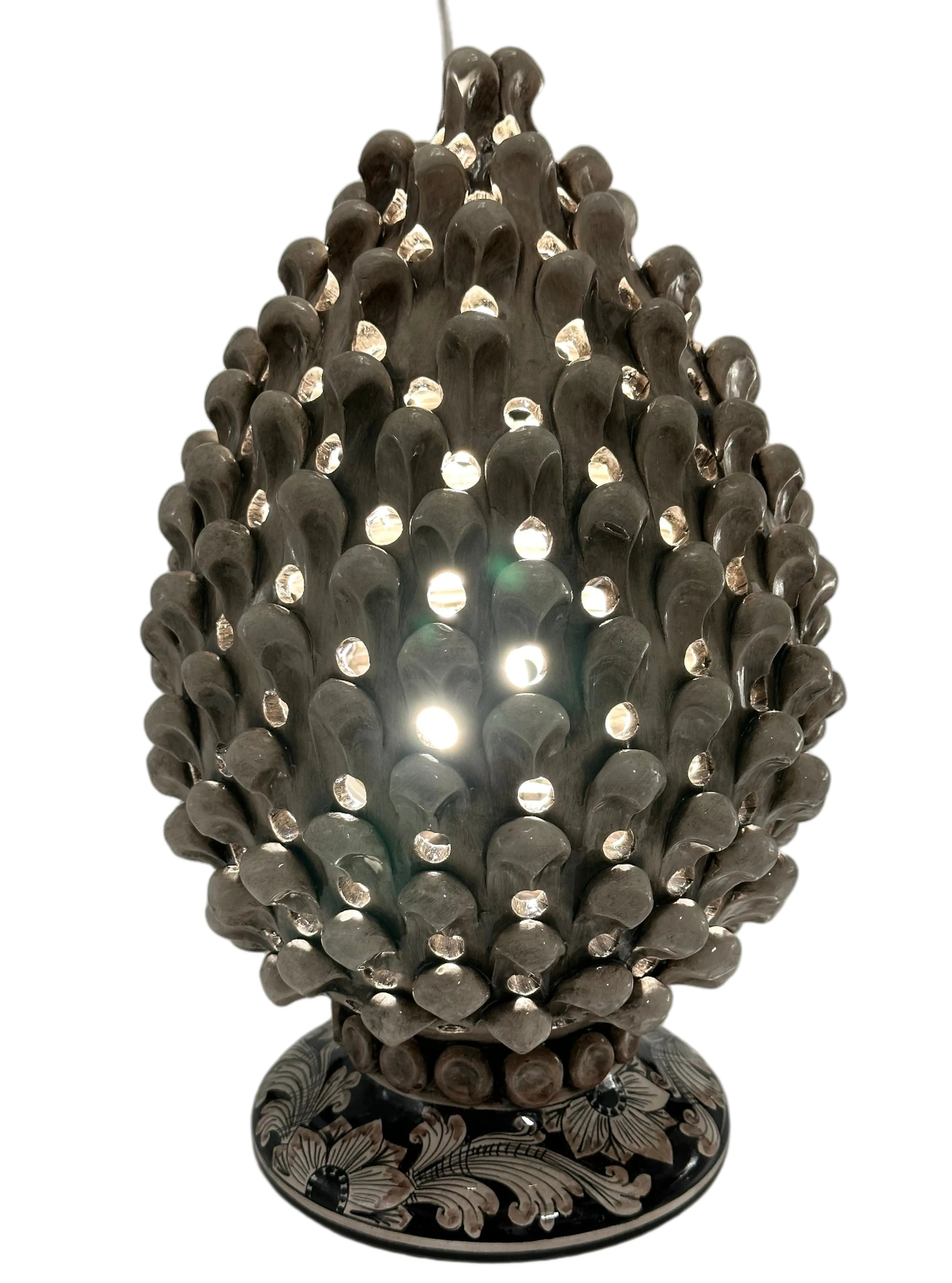Lampada Pigna Gigante traforata Ceramica Caltagirone cm H.45 L.28 Artigianale Beige Écru Base Decorata DD CERAMICHE SICILIANE