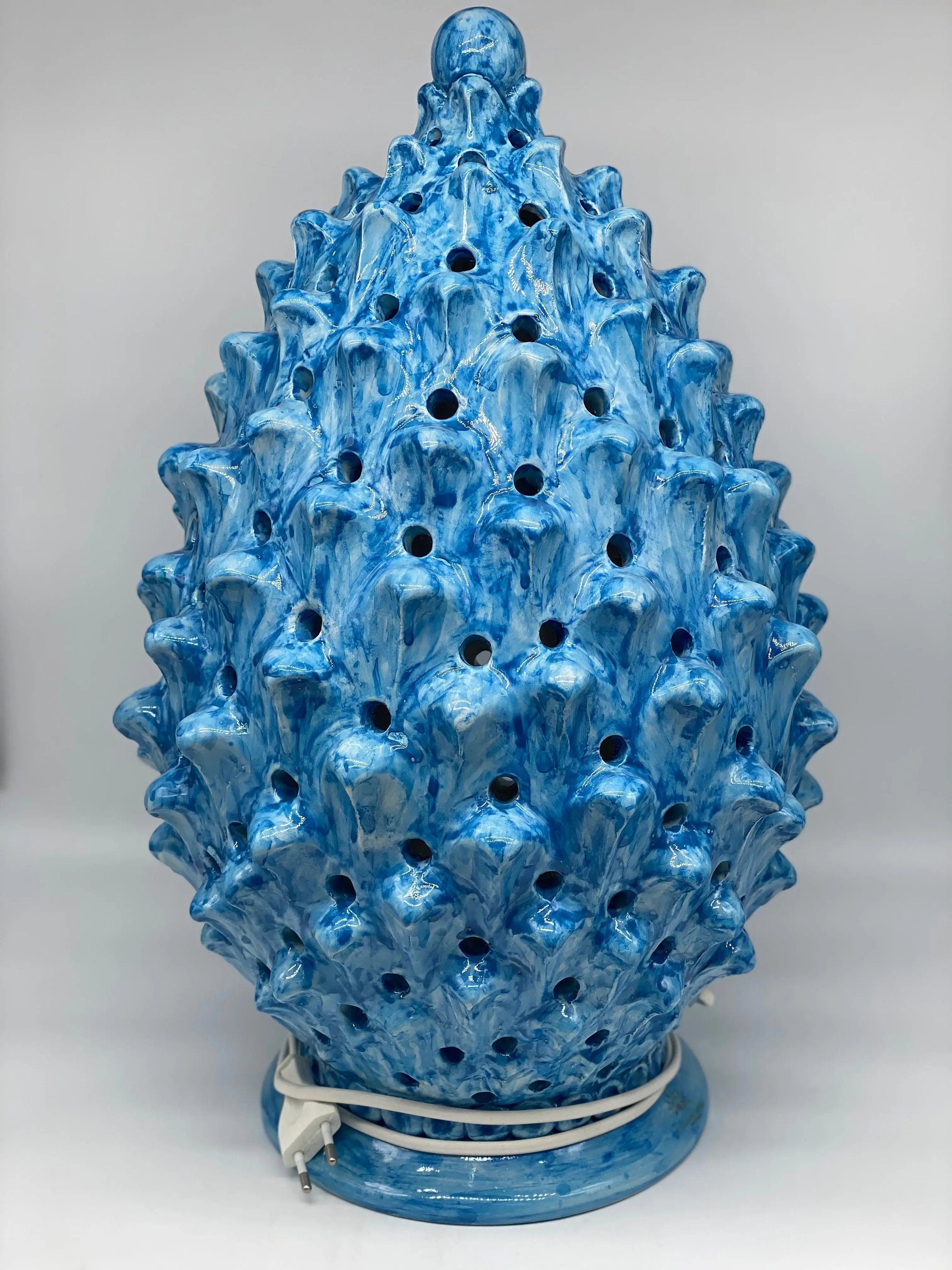 Lampada Pigna traforata Ceramica Caltagirone cm H.47 L.30 Artigianale Blu antico DD CERAMICHE SICILIANE