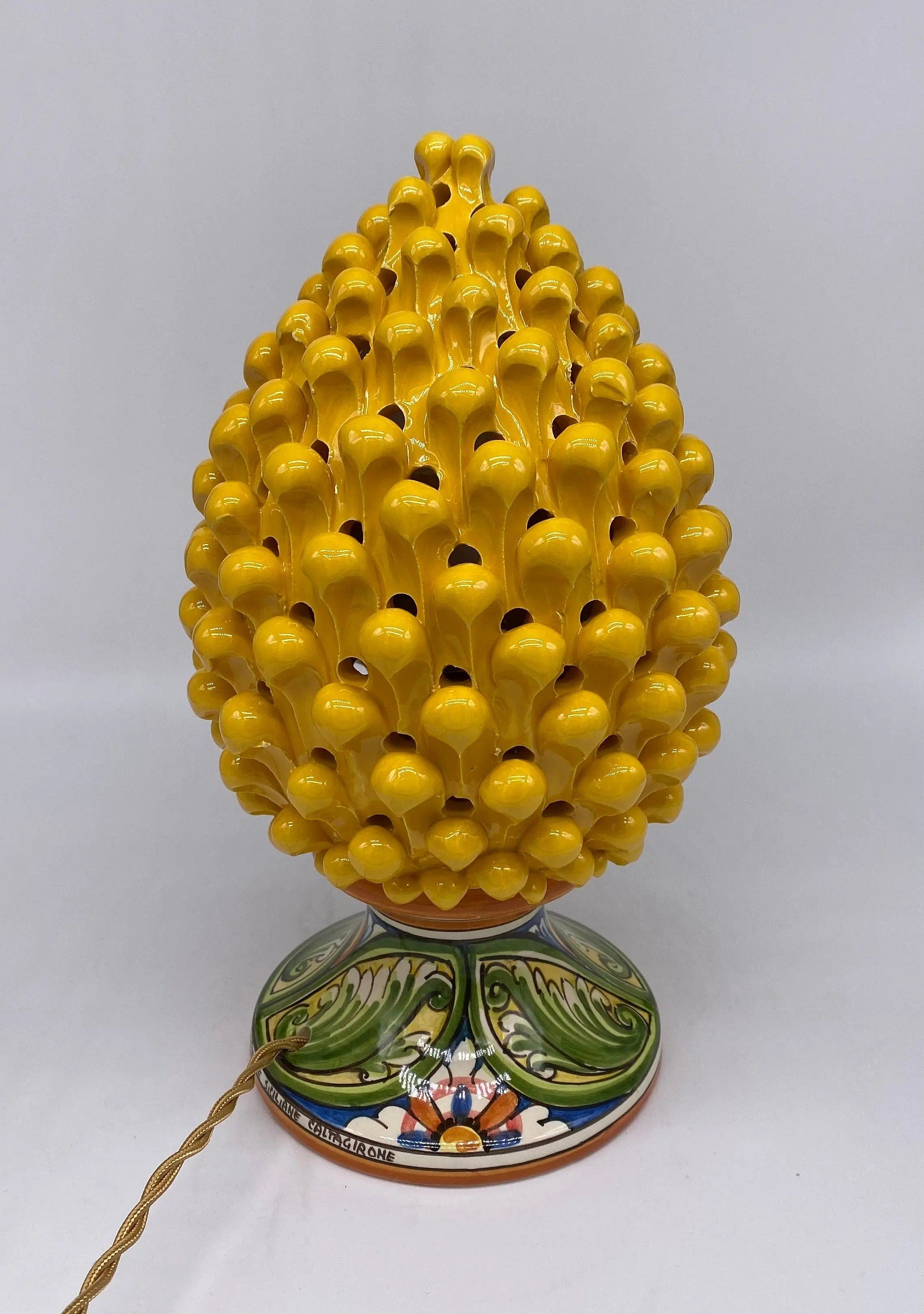 Lampada Pigna traforata Ceramica Caltagirone cm H.30 L.20 Artigianale Giallo Base Decorata DD CERAMICHE SICILIANE