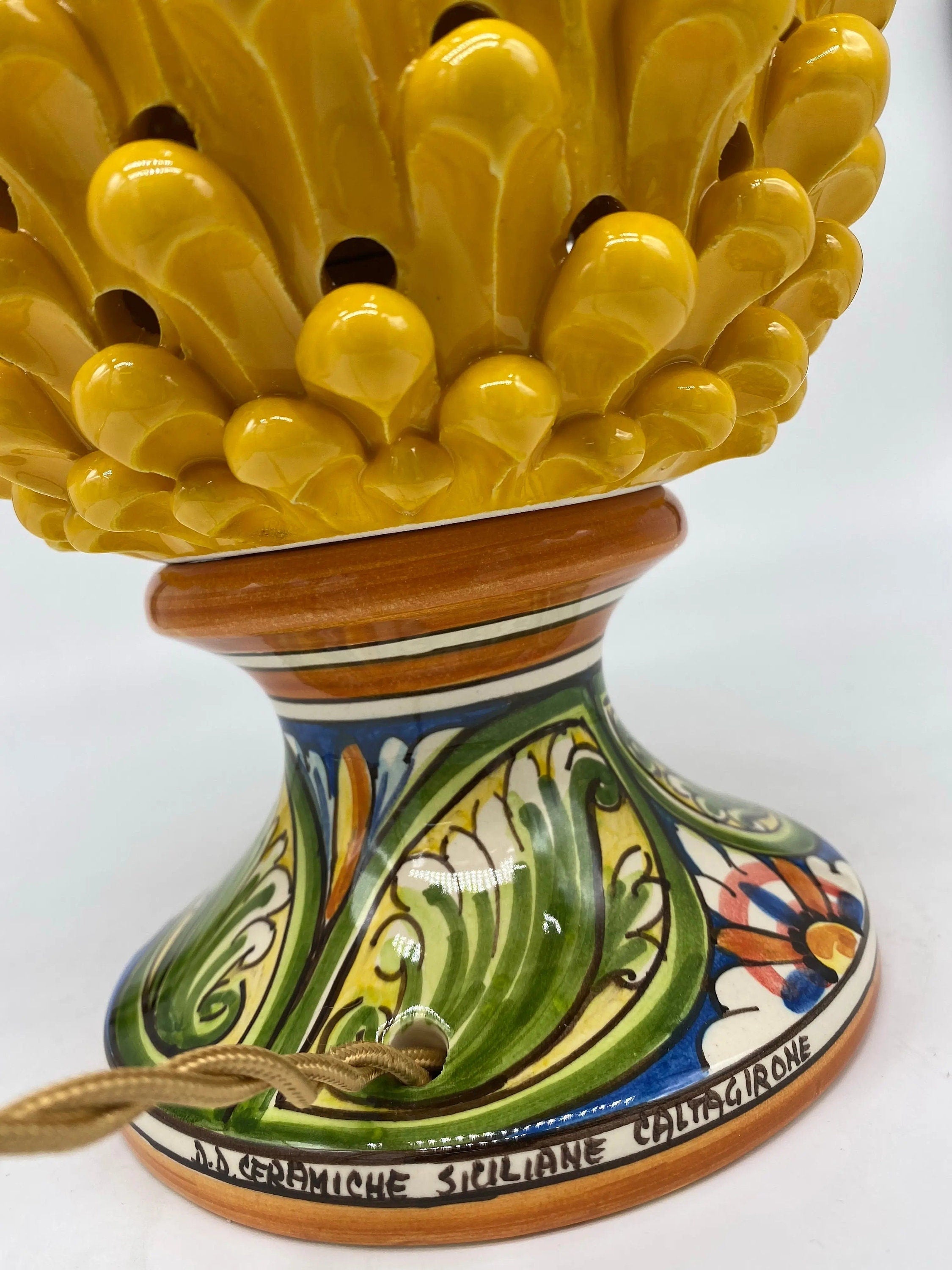 Lampada Pigna traforata Ceramica Caltagirone cm H.30 L.20 Artigianale Giallo Base Decorata DD CERAMICHE SICILIANE