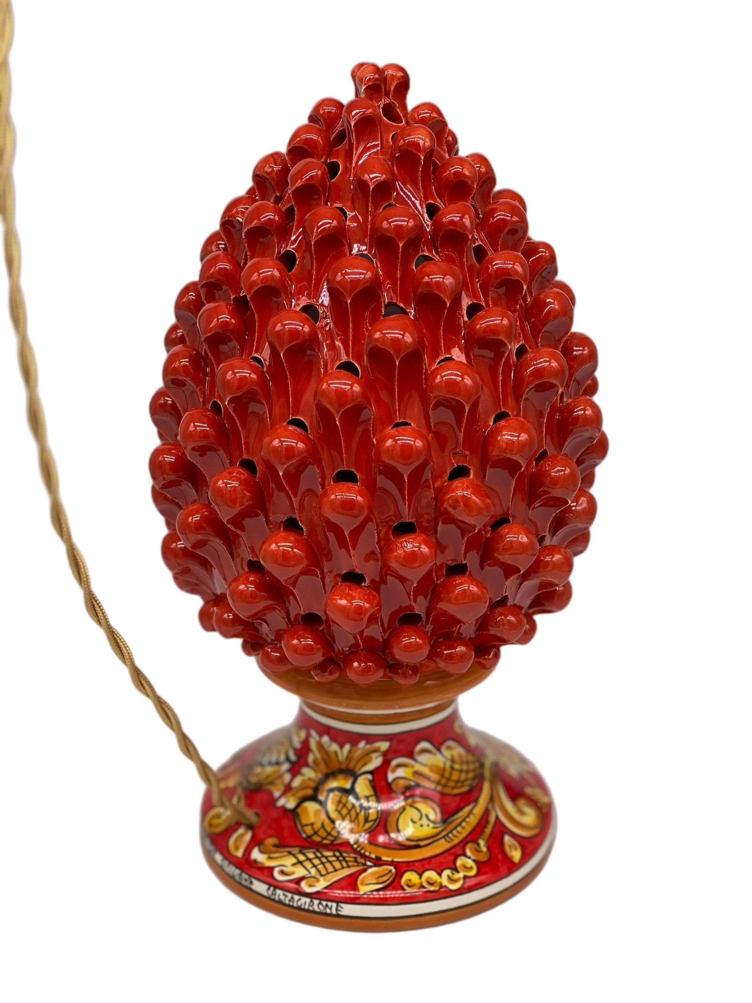 Lampada Pigna traforata Ceramica Caltagirone cm H.30 L.20 Artigianale Rosso Base Decorata - DD CERAMICHE SICILIANE