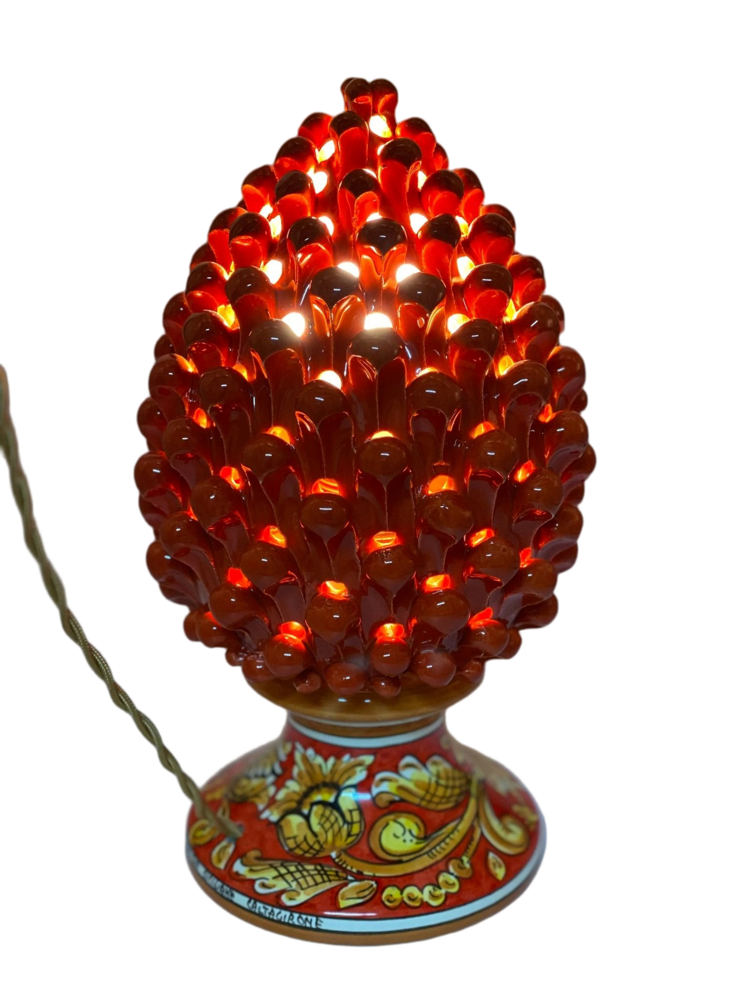 Lampada Pigna traforata Ceramica Caltagirone cm H.30 L.20 Artigianale Rosso Base Decorata - DD CERAMICHE SICILIANE
